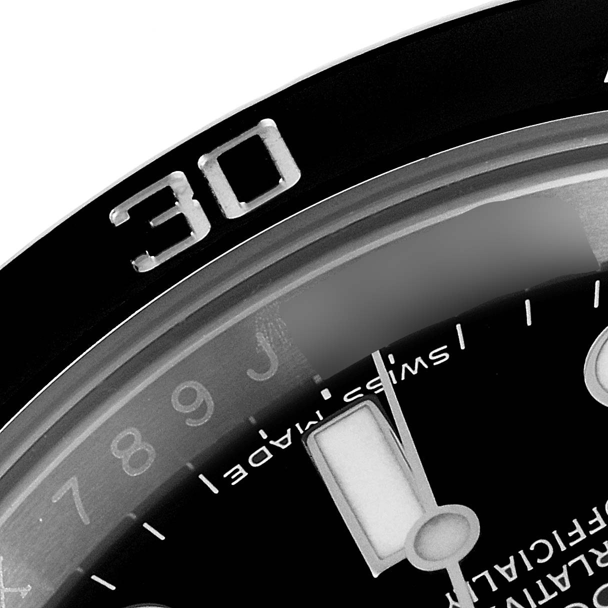 This close-up image shows the bezel, minute marker, and part of the dial of a Rolex Submariner 116610 Men's Stainless Steel Black Dial 116610 Men's Stainless Steel Black Dial watch.