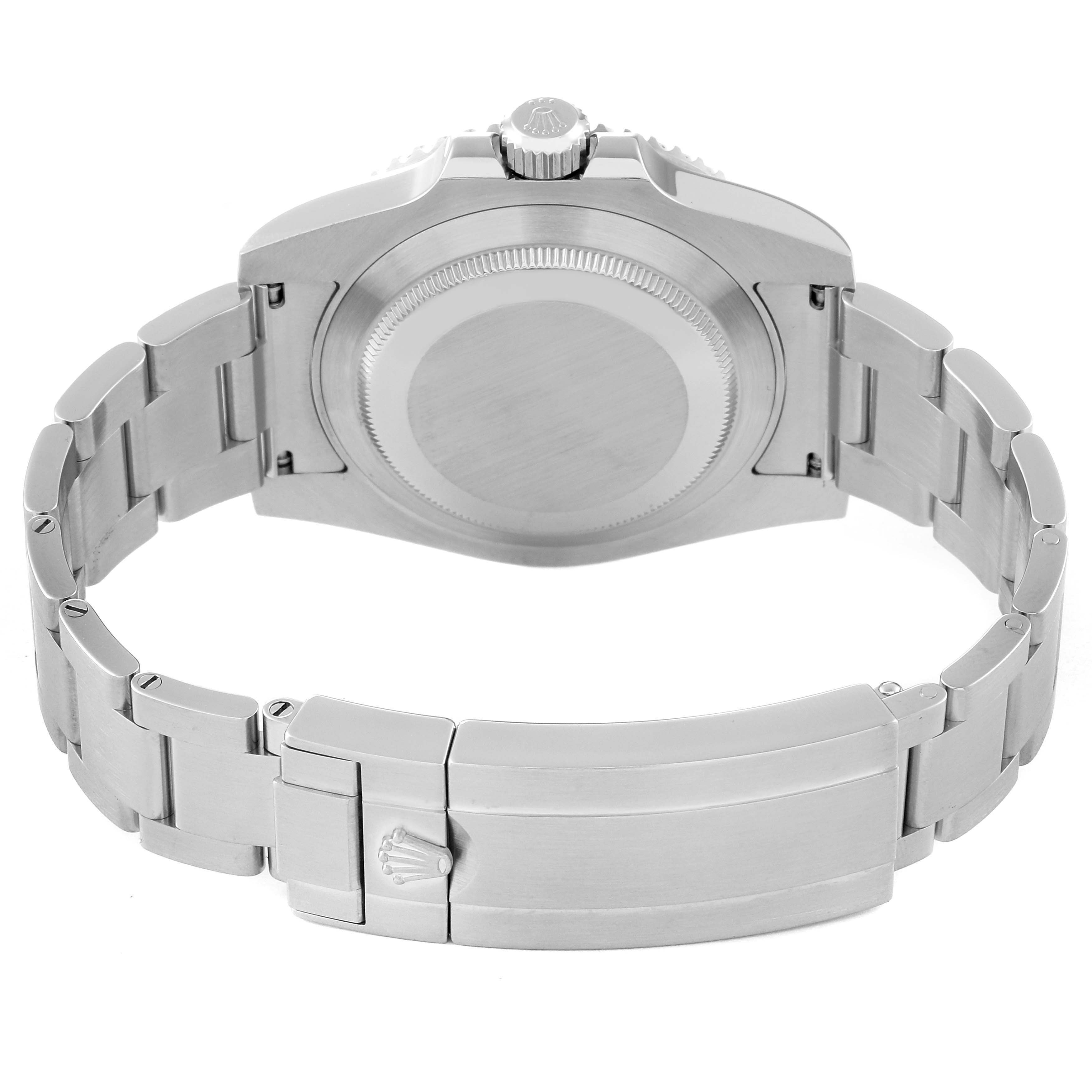 This image shows the back view of a Rolex Submariner 116610 Men
s Stainless Steel Black Dial 116610 Men
s Stainless Steel Black Dial watch, highlighting the case back, bracelet, and clasp.