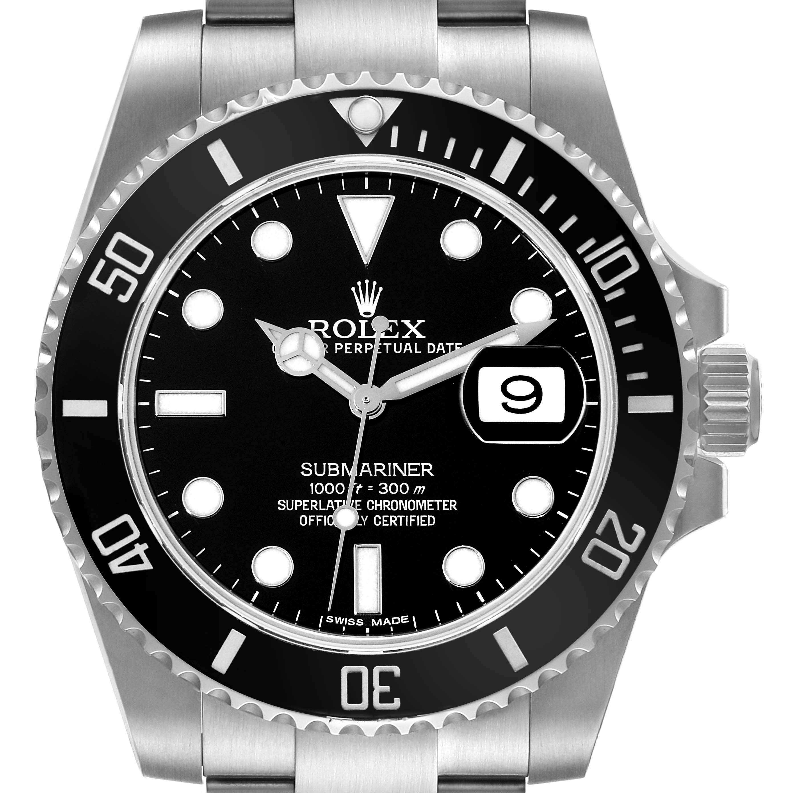 The image shows the front view of the Rolex Submariner 116610 Men
s Stainless Steel Black Dial 116610 Men
s Stainless Steel Black Dial watch, displaying the dial, bezel, and part of the bracelet.