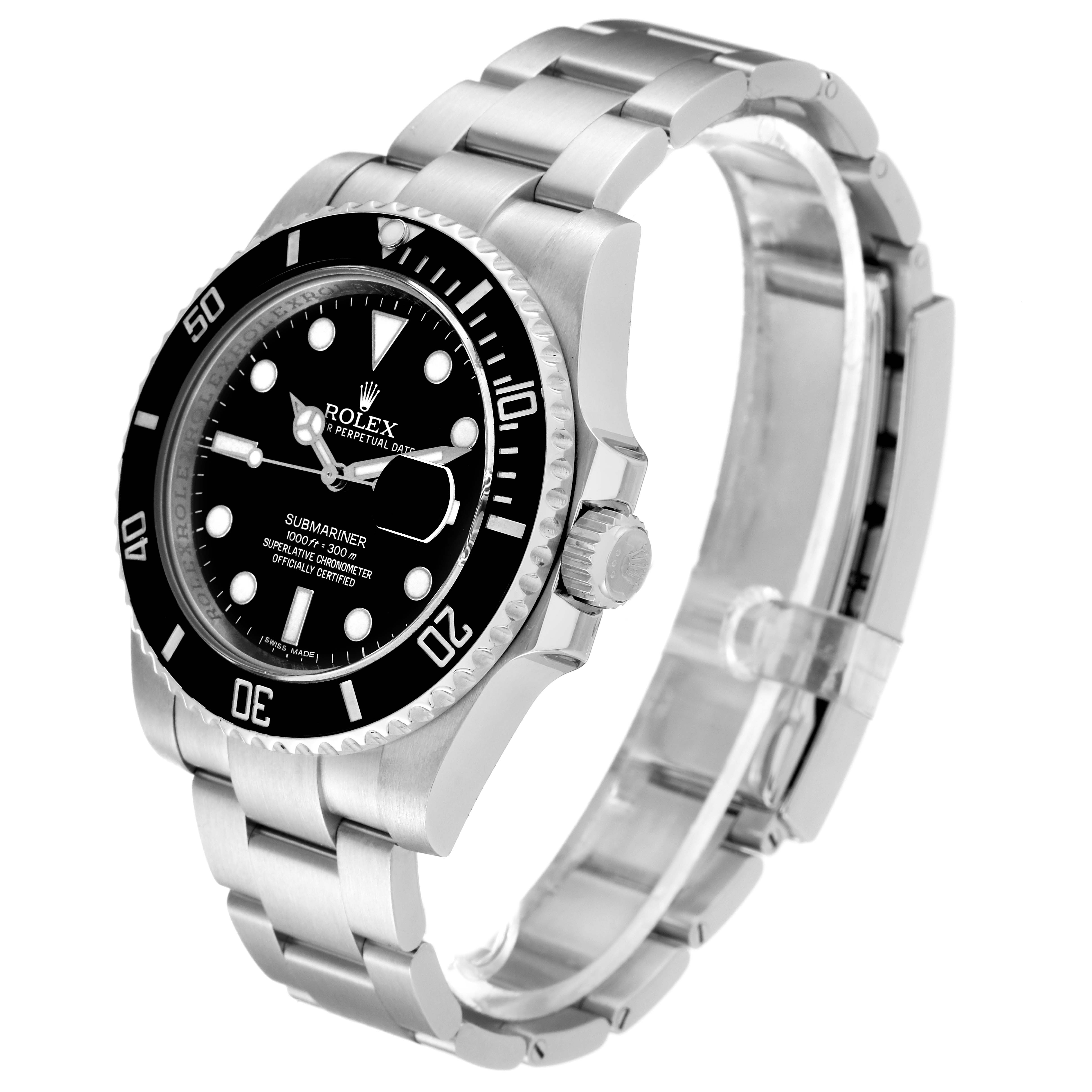 The image shows a side angle view of a Rolex Submariner 116610 Men
s Stainless Steel Black Dial 116610 Men
s Stainless Steel Black Dial watch, highlighting its black dial, rotating bezel, and stainless steel bracelet.