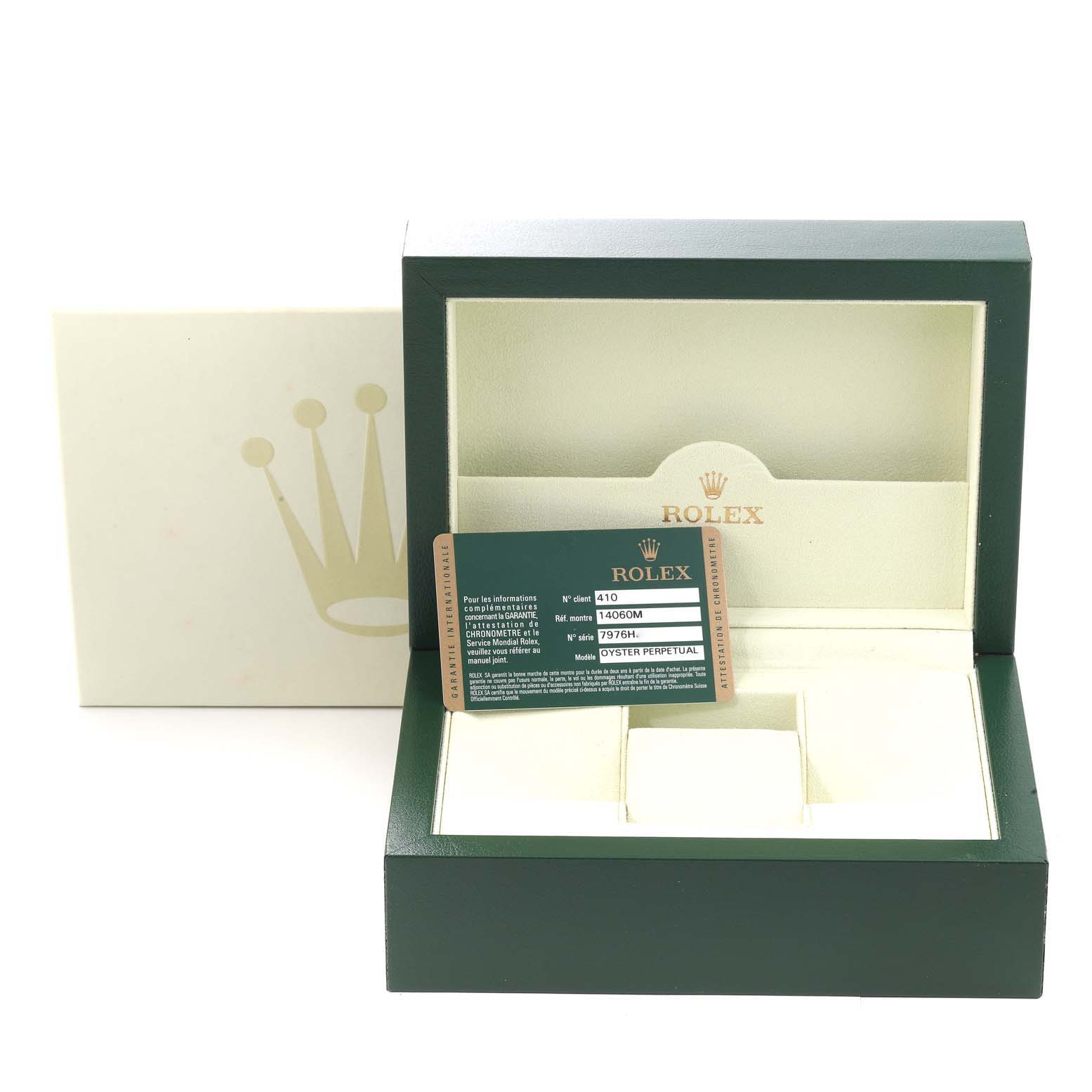 The image shows the packaging, box, and warranty card for a Rolex Submariner 14060 Men
s Stainless Steel Black Dial 14060 Men
s Stainless Steel Black Dial watch.