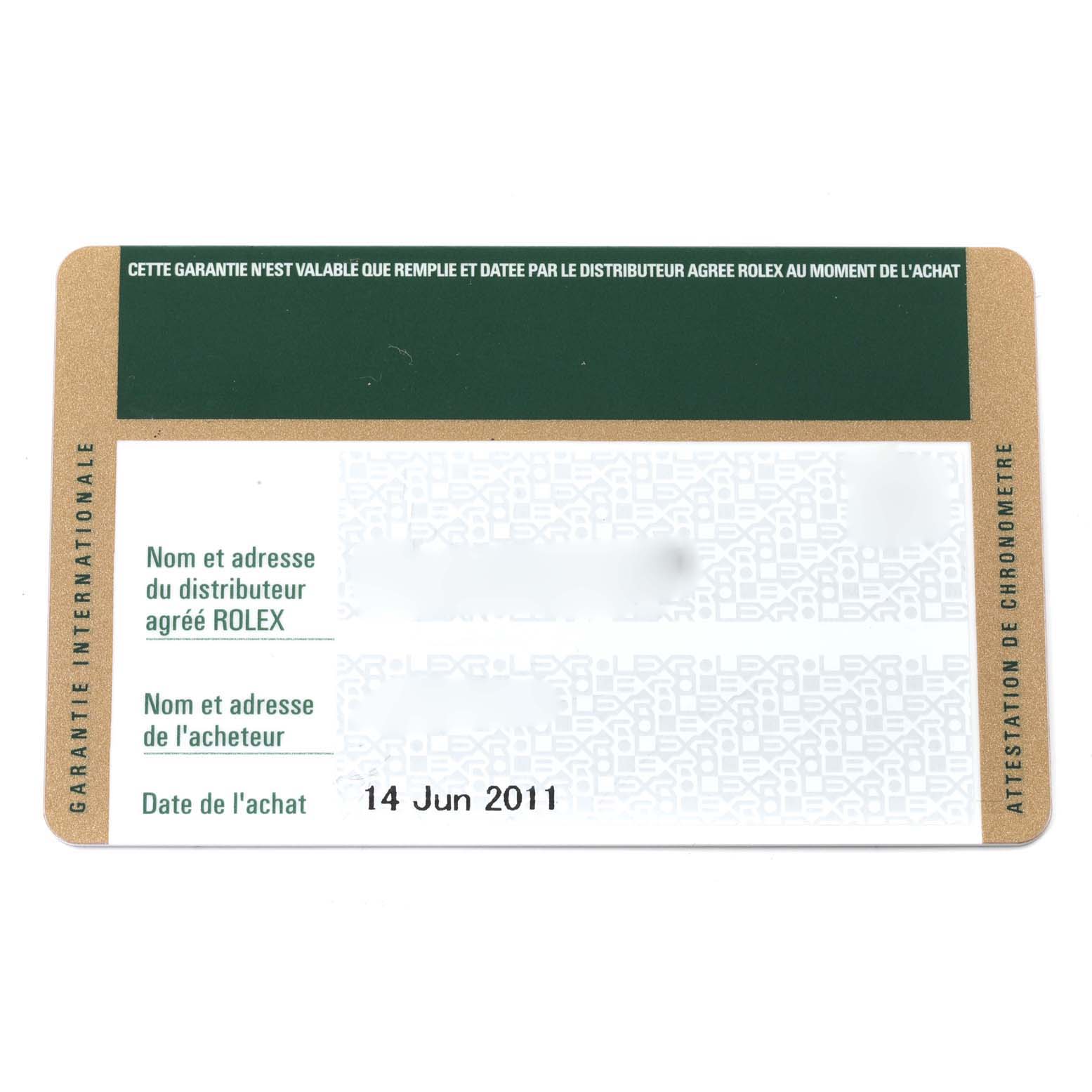 This image shows the warranty card for a Rolex Submariner 14060 Men
s Stainless Steel Black Dial 14060 Men
s Stainless Steel Black Dial watch, displaying the purchase date and distributor details.