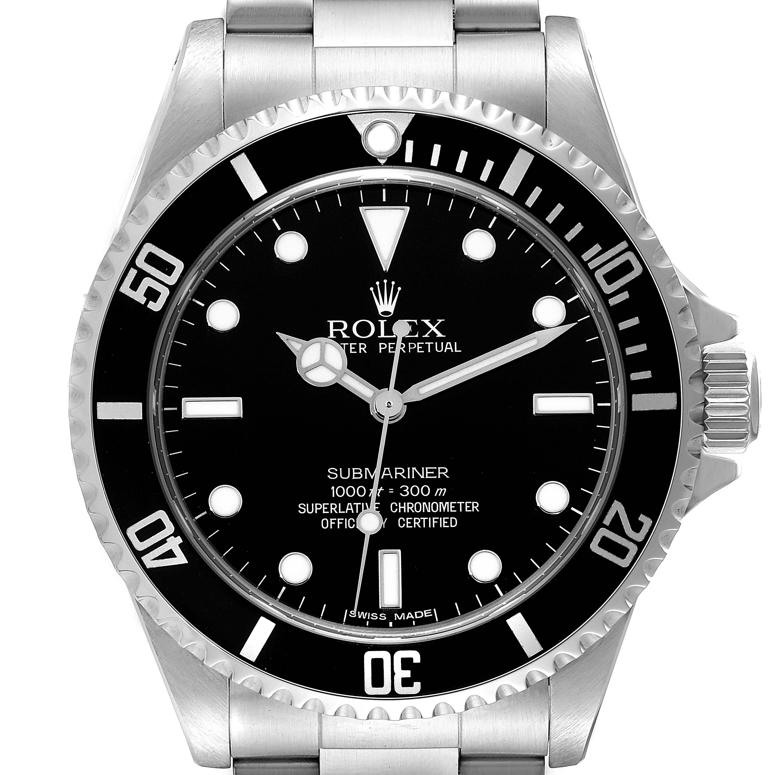 The image shows a frontal view of the Rolex Submariner 14060 Men
s Stainless Steel Black Dial 14060 Men
s Stainless Steel Black Dial watch, highlighting its bezel, dial, hands, and bracelet.
