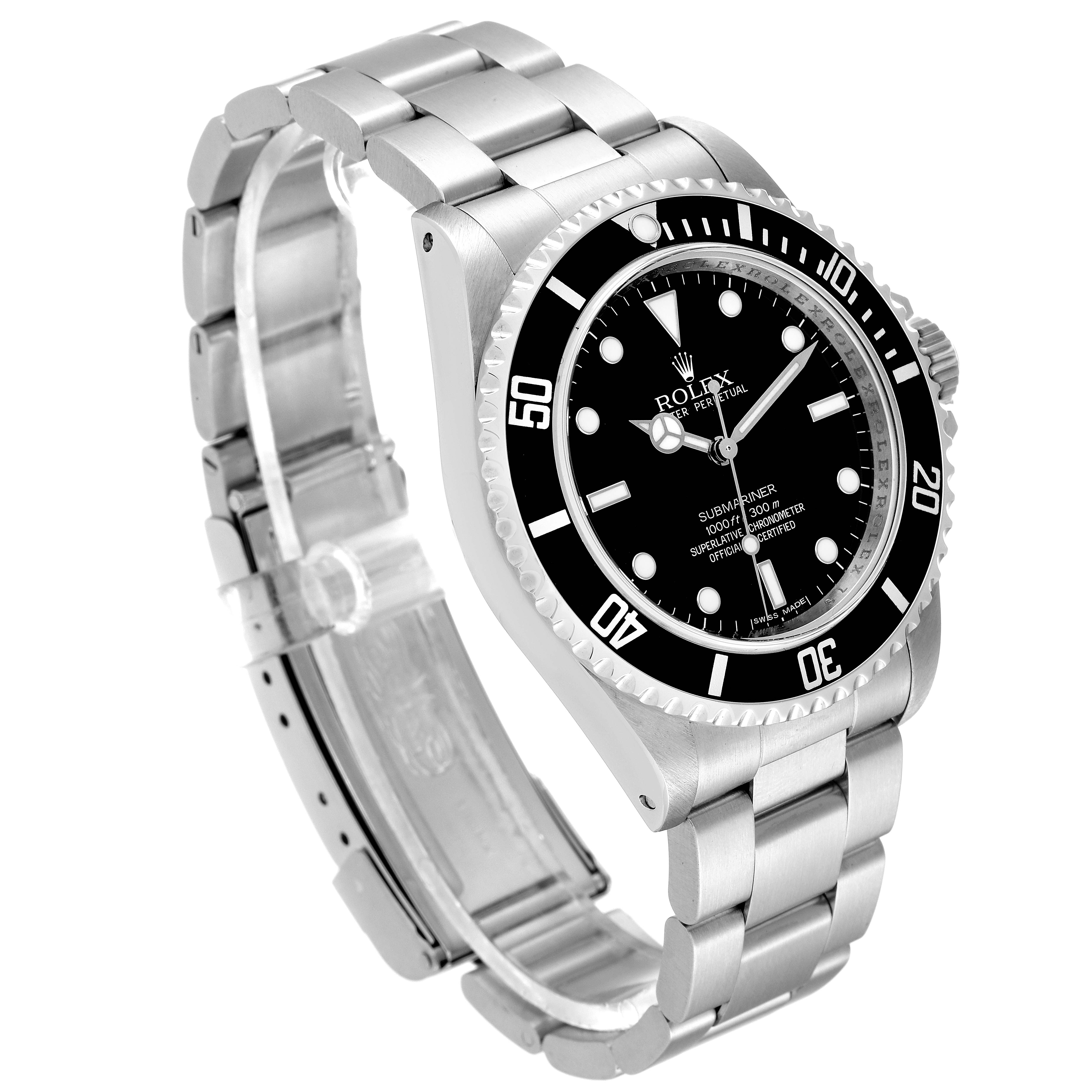 The image shows a Rolex Submariner 14060 Men
s Stainless Steel Black Dial 14060 Men
s Stainless Steel Black Dial watch at an oblique angle, highlighting its face, bezel, and bracelet.