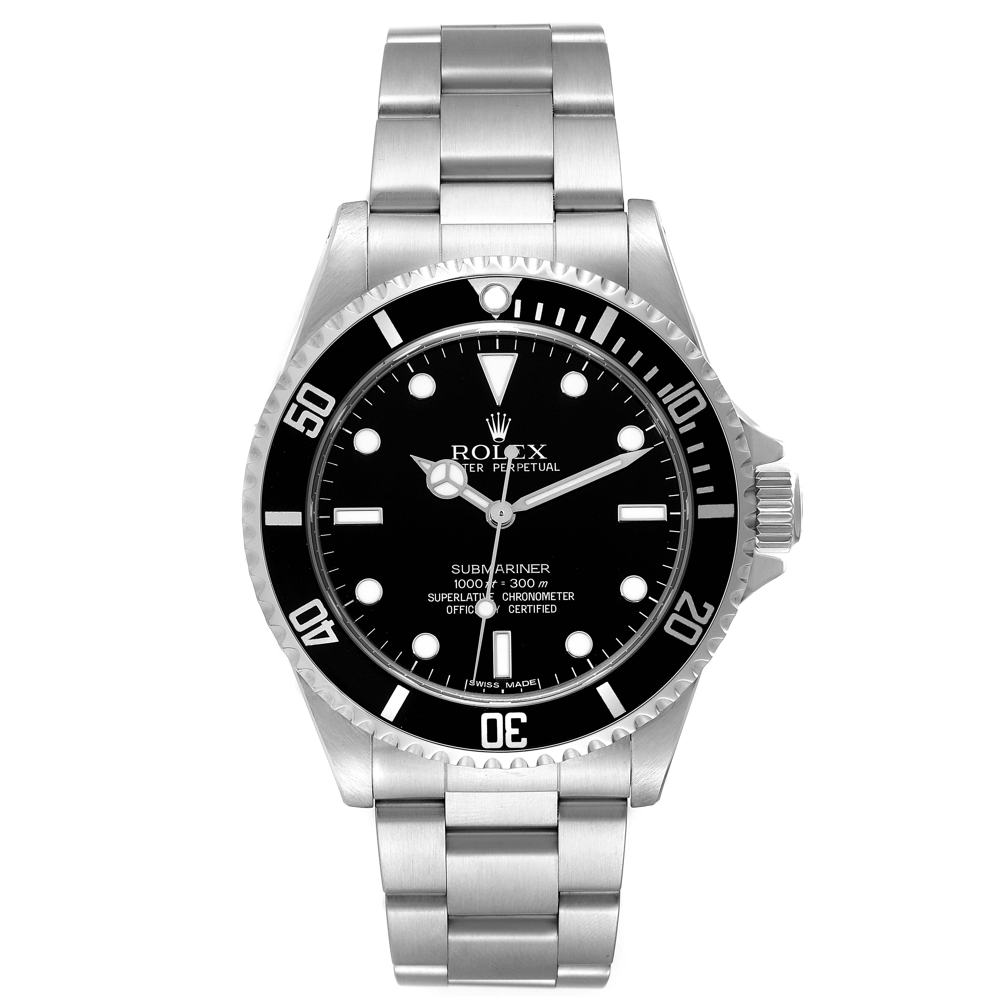 The image shows a frontal view of a Rolex Submariner 14060 Men
s Stainless Steel Black Dial 14060 Men
s Stainless Steel Black Dial watch, depicting the dial, bezel, crown, and stainless steel bracelet.