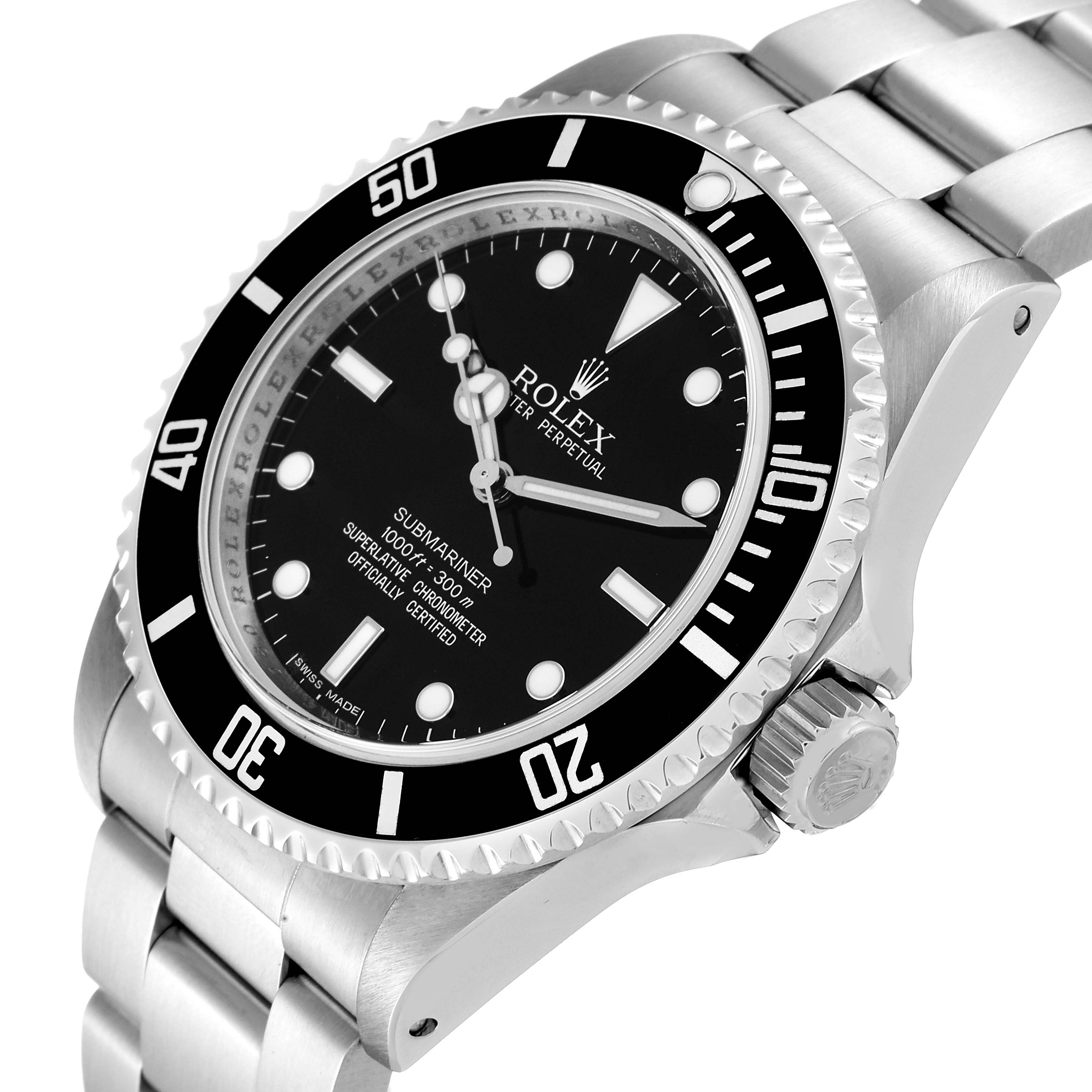 The image shows a side angle of the Rolex Submariner 14060 Men
s Stainless Steel Black Dial 14060 Men
s Stainless Steel Black Dial watch, highlighting the bezel, crown, dial, and part of the bracelet.