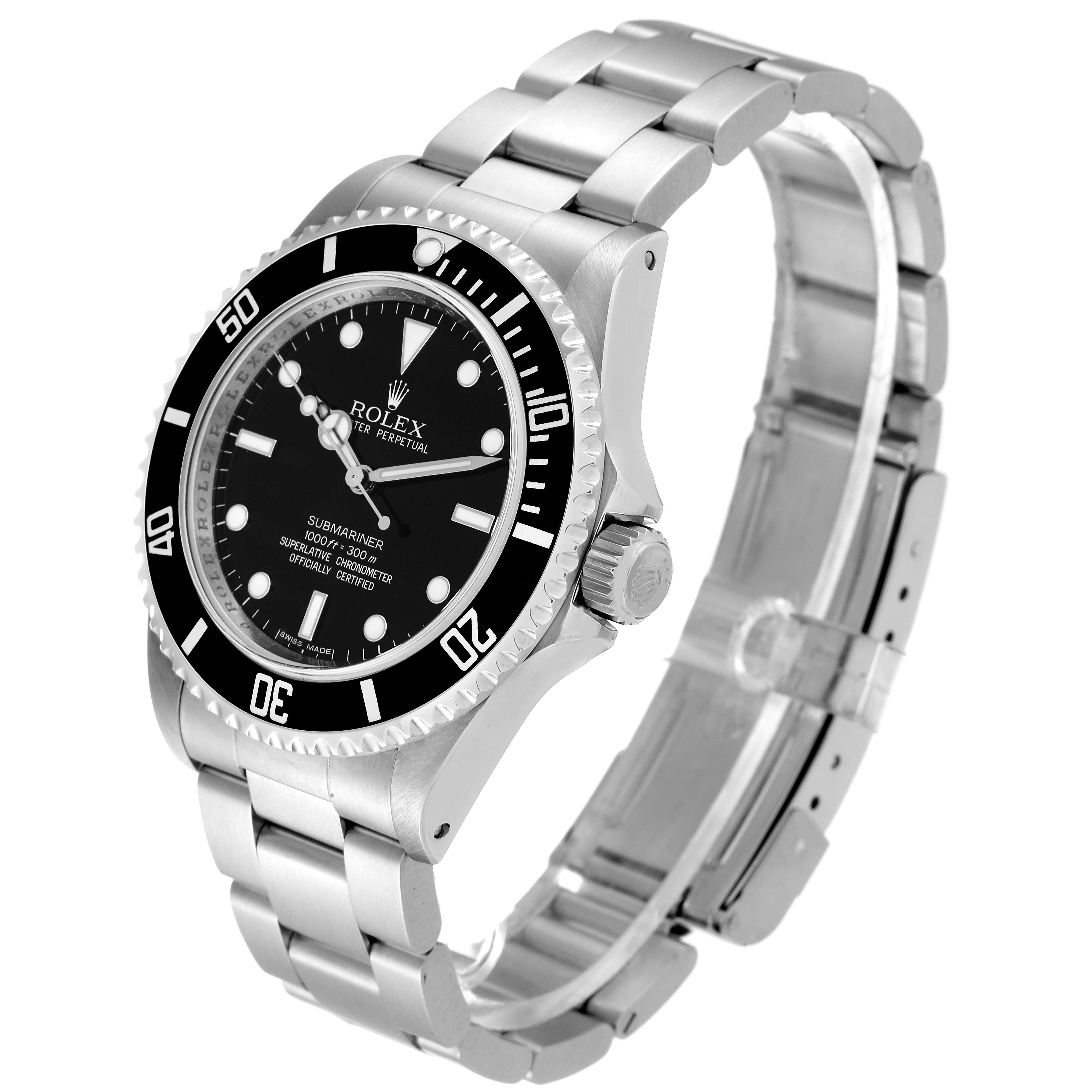The image shows a Rolex Submariner 14060 Men
s Stainless Steel Black Dial 14060 Men
s Stainless Steel Black Dial watch at a three-quarter angle, highlighting the face, bezel, crown, and bracelet.