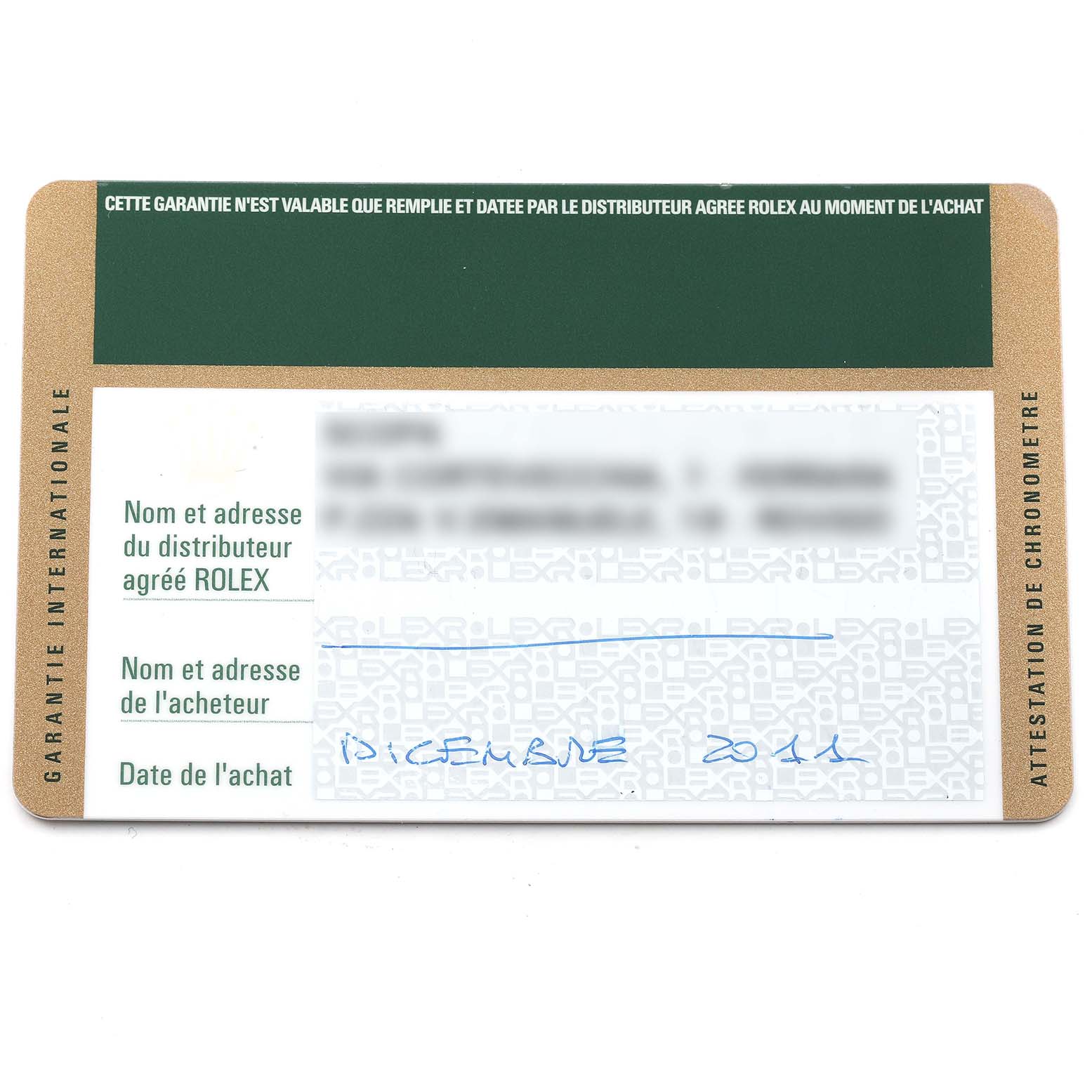 This is an image of the warranty card for a Rolex Submariner 14060 Men's Stainless Steel Black Dial 14060 Men's Stainless Steel Black Dial, showing purchase details and dealer information fields.