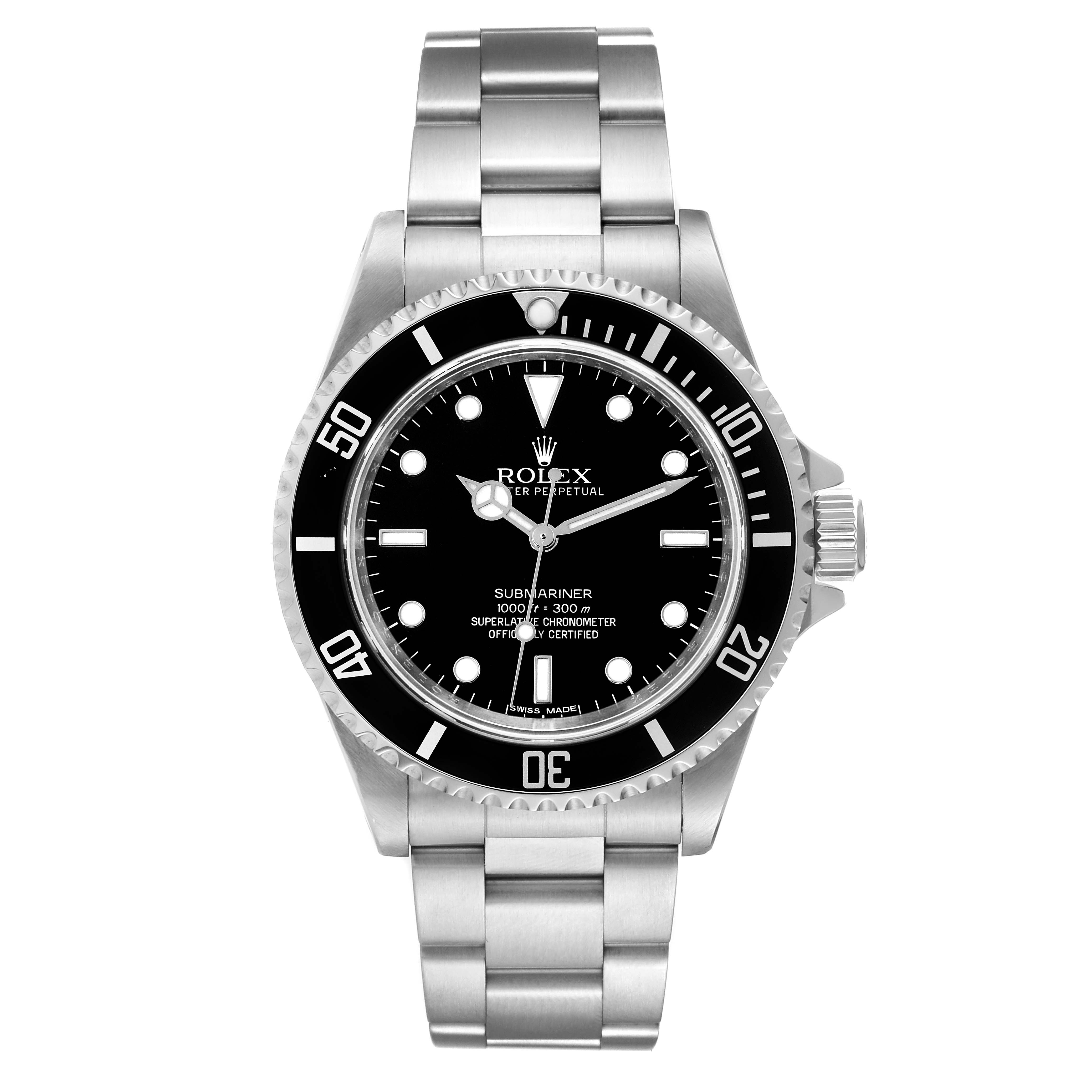 This image shows a Rolex Submariner 14060 Men's Stainless Steel Black Dial 14060 Men's Stainless Steel Black Dial watch from a front angle, displaying the dial, bezel, and bracelet clearly.