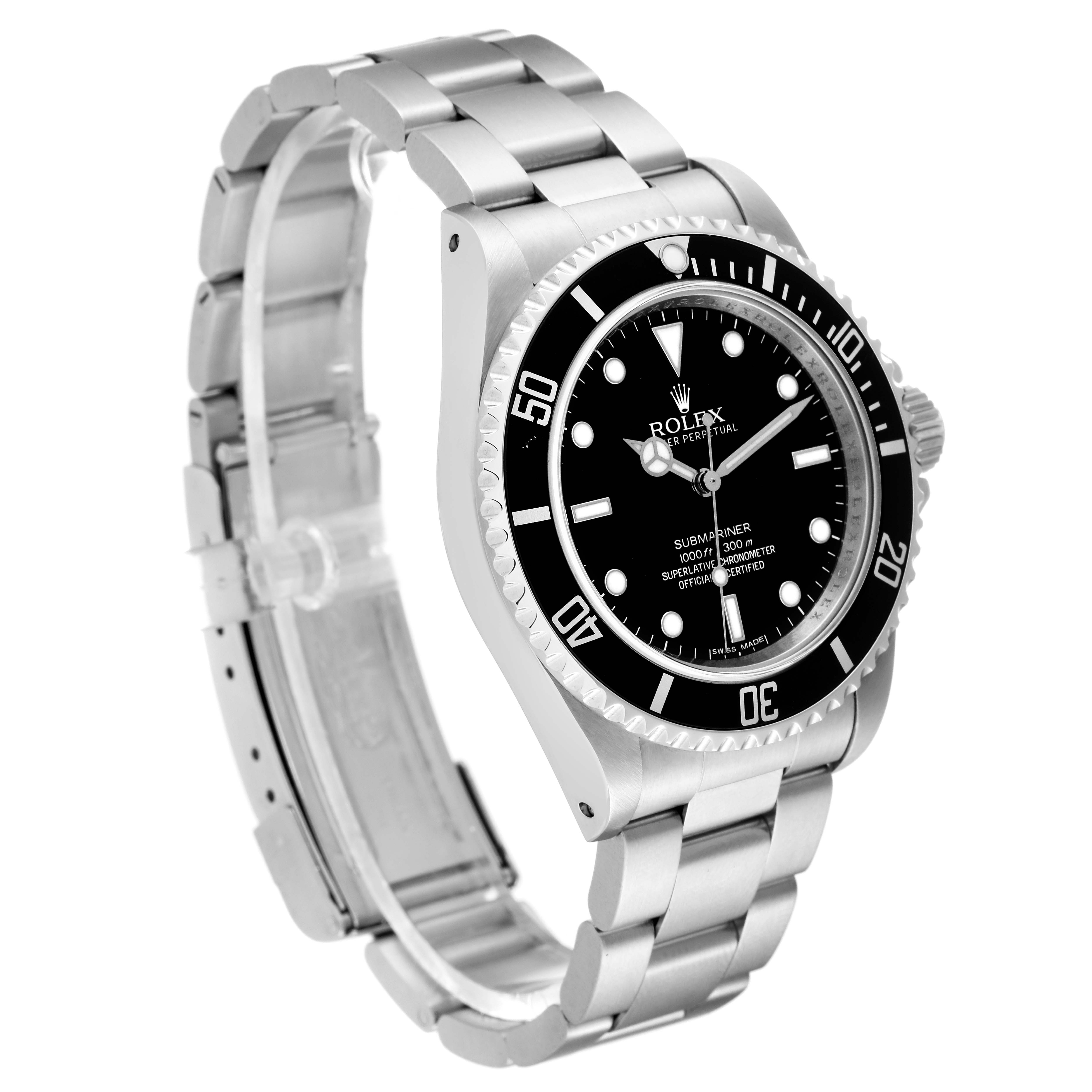 The image shows a side angle view of a Rolex Submariner 14060 Men's Stainless Steel Black Dial 14060 Men's Stainless Steel Black Dial watch, displaying its face, bezel, and bracelet.