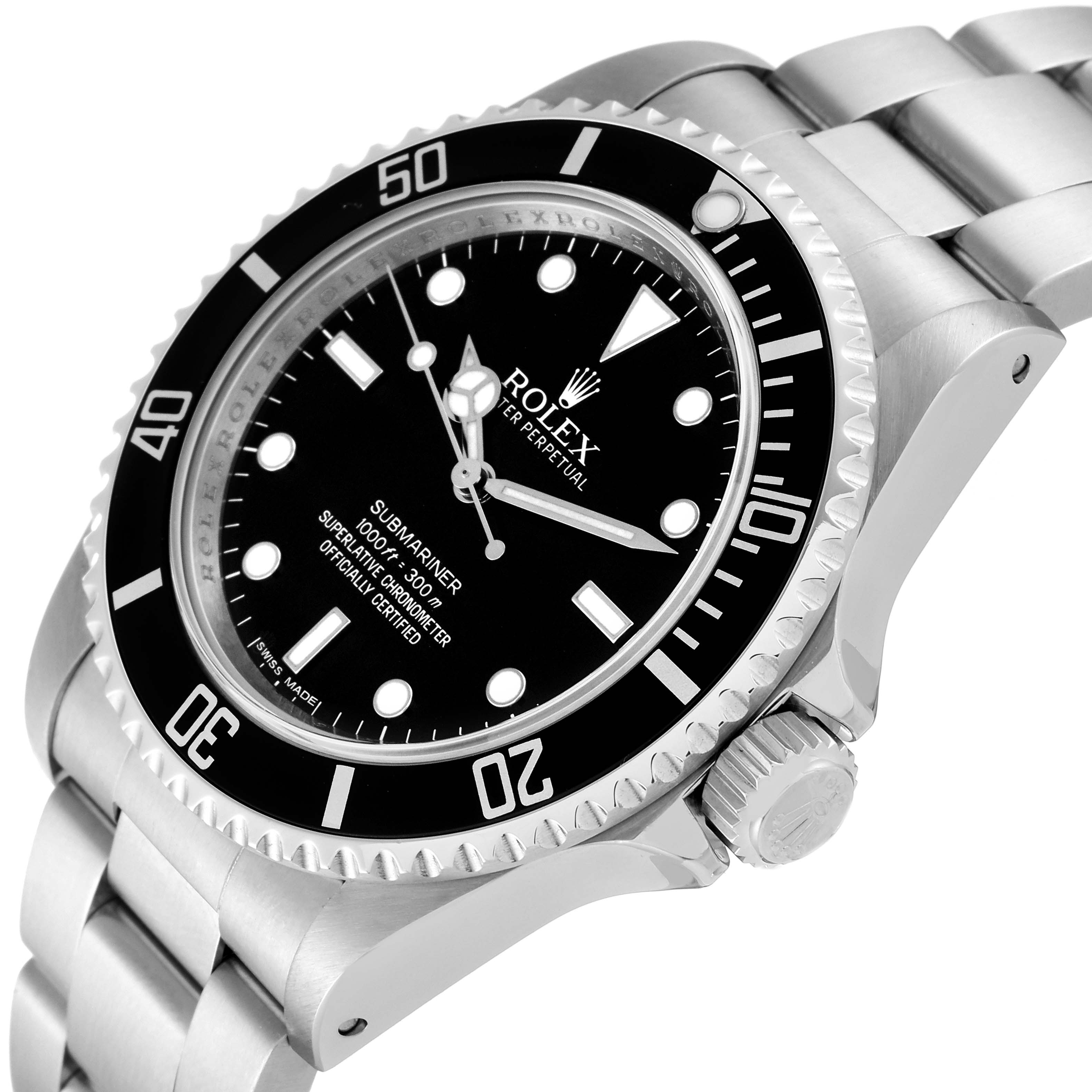 The image shows a Rolex Submariner 14060 Men's Stainless Steel Black Dial 14060 Men's Stainless Steel Black Dial watch at an angle highlighting the dial, bezel, crown, and part of the bracelet.