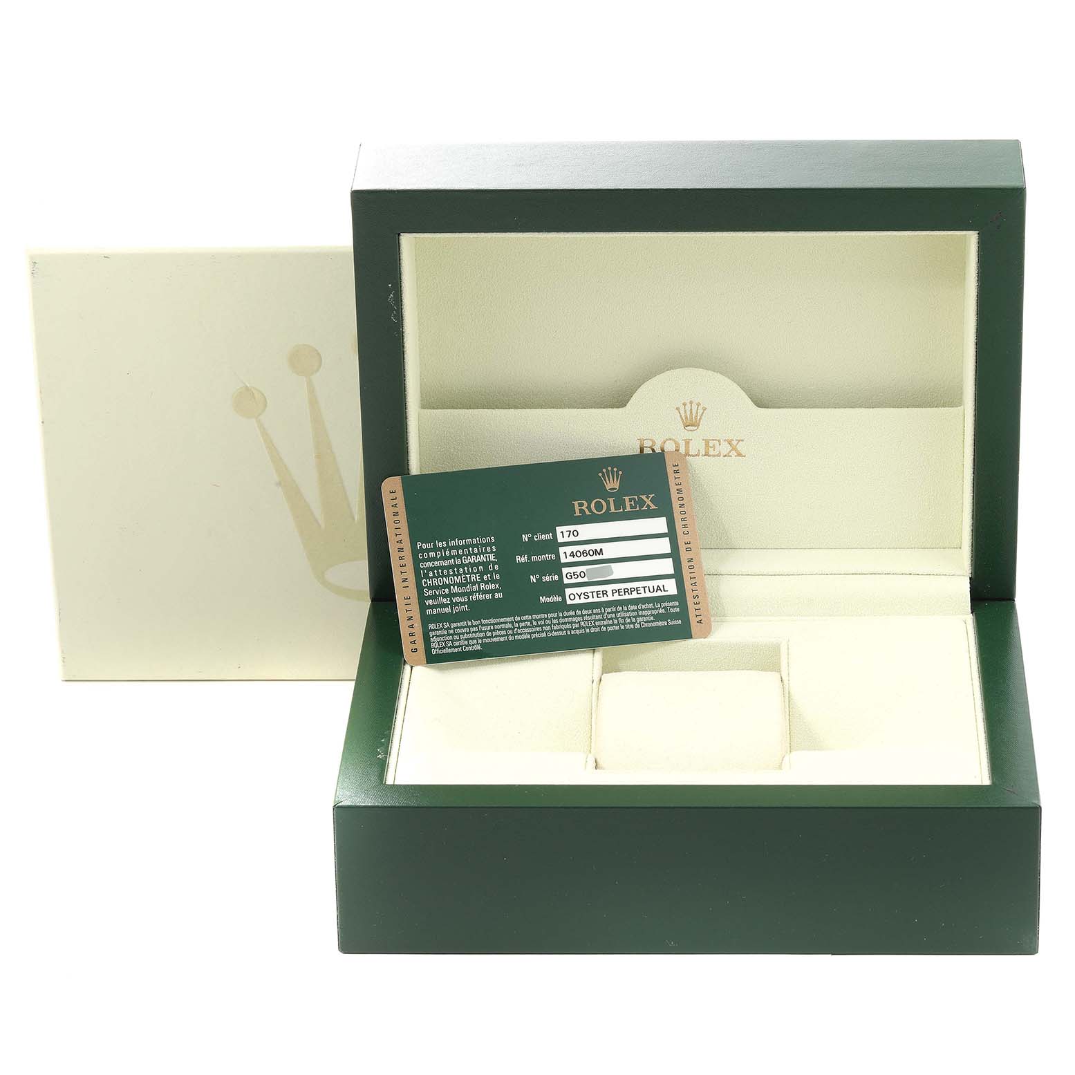 The image shows a green Rolex Submariner 14060 Men's Stainless Steel Black Dial 14060 Men's Stainless Steel Black Dial watch box and a warranty card from a front angle.