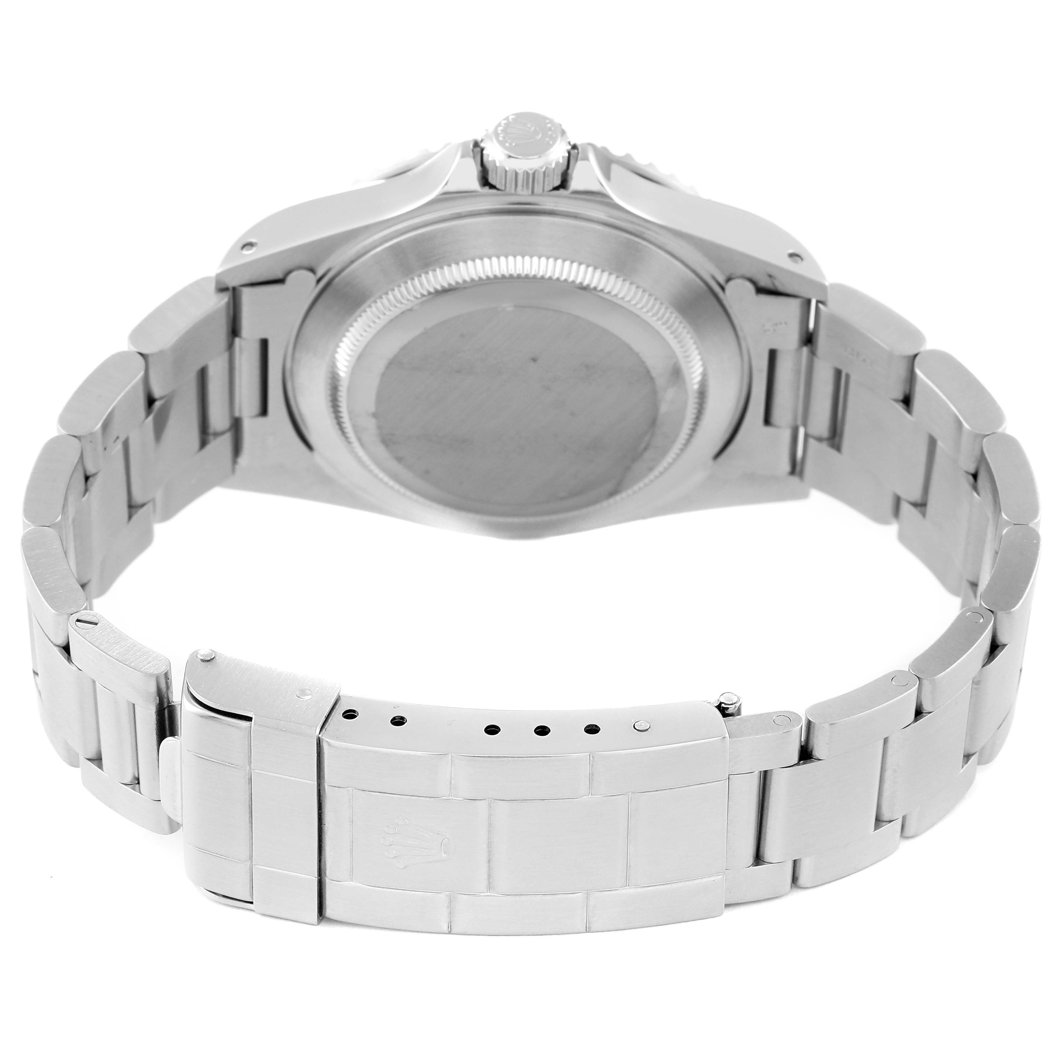 This image shows the underside and bracelet of a Rolex Submariner 14060 Men's Stainless Steel Black Dial 14060 Men's Stainless Steel Black Dial watch, highlighting the clasp and case back.