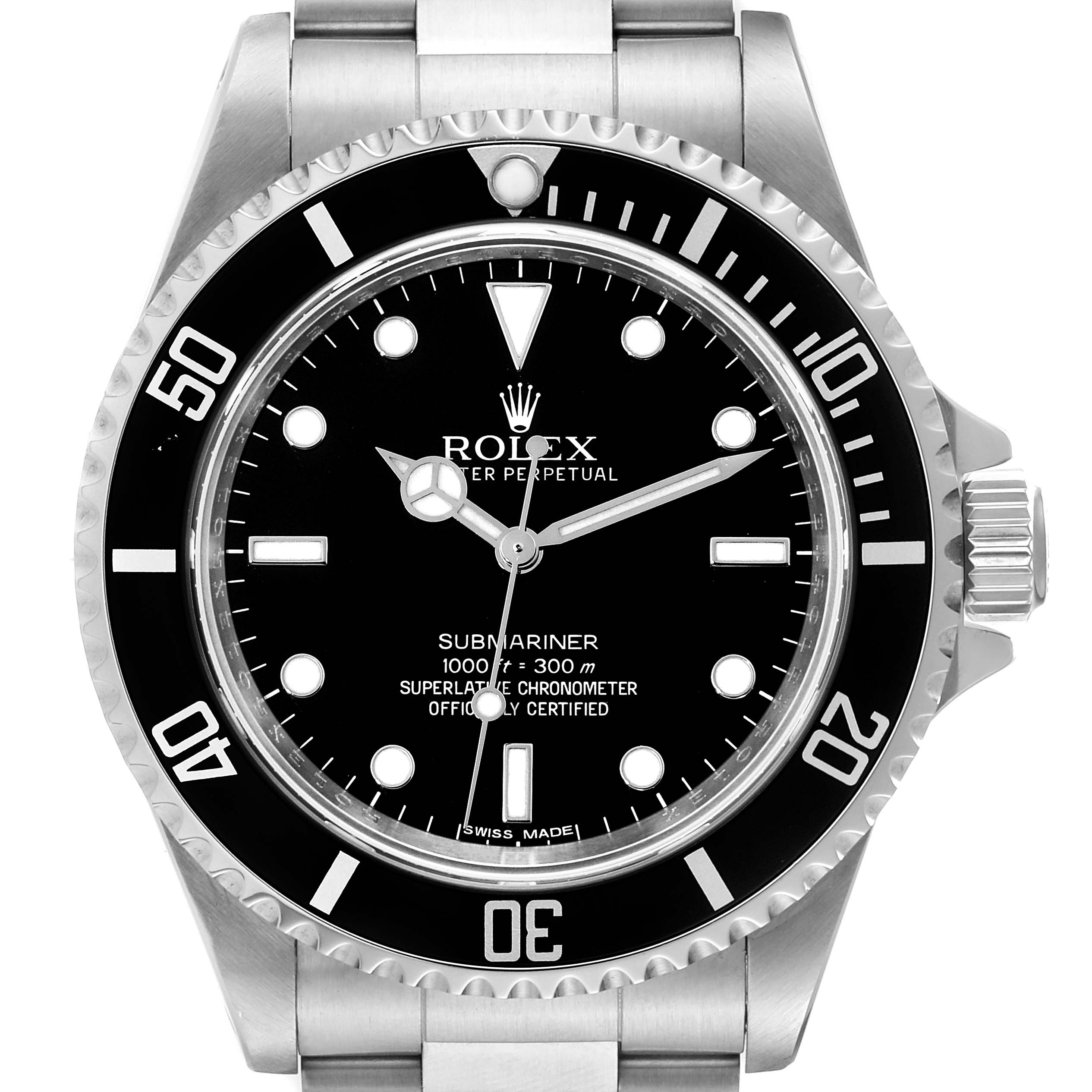 The image shows a front view of the Rolex Submariner 14060 Men's Stainless Steel Black Dial 14060 Men's Stainless Steel Black Dial watch, displaying the dial, bezel, and part of the bracelet.