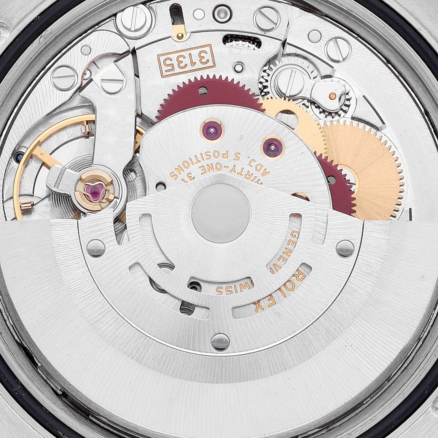 This image shows a close-up of the internal mechanism of the Rolex Turn-o-Graph 116261 Men's Steel and Gold (two tone) Black Dial 116261 Men's Steel and Gold (two tone) Black Dial watch, highlighting gears and components.