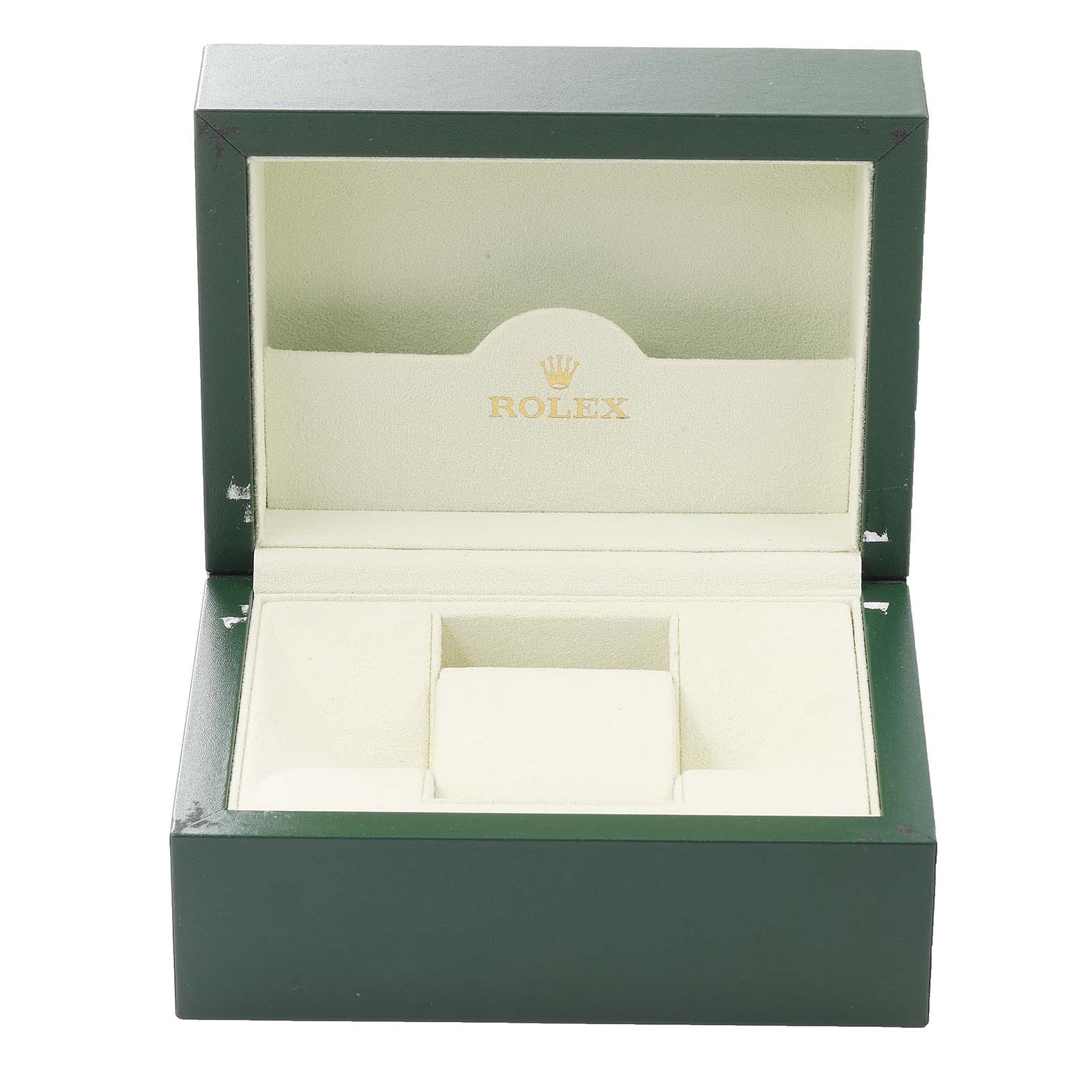 This image shows an open green Rolex watch box designed to hold the Turn-o-Graph model.