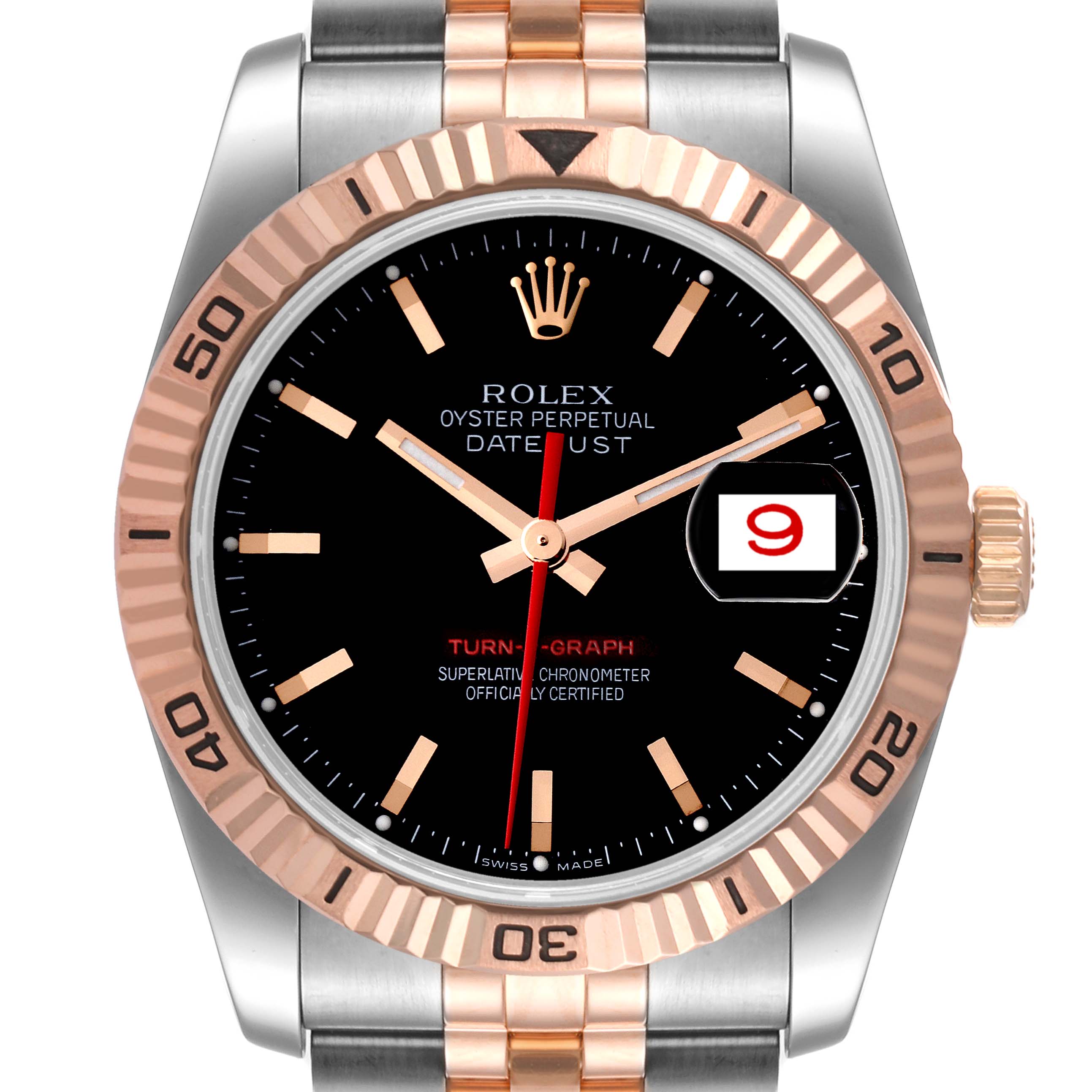 The image shows a front view of the Rolex Turn-o-Graph 116261 Men's Steel and Gold (two tone) Black Dial 116261 Men's Steel and Gold (two tone) Black Dial watch, highlighting its bezel, dial, hands, and bracelet.