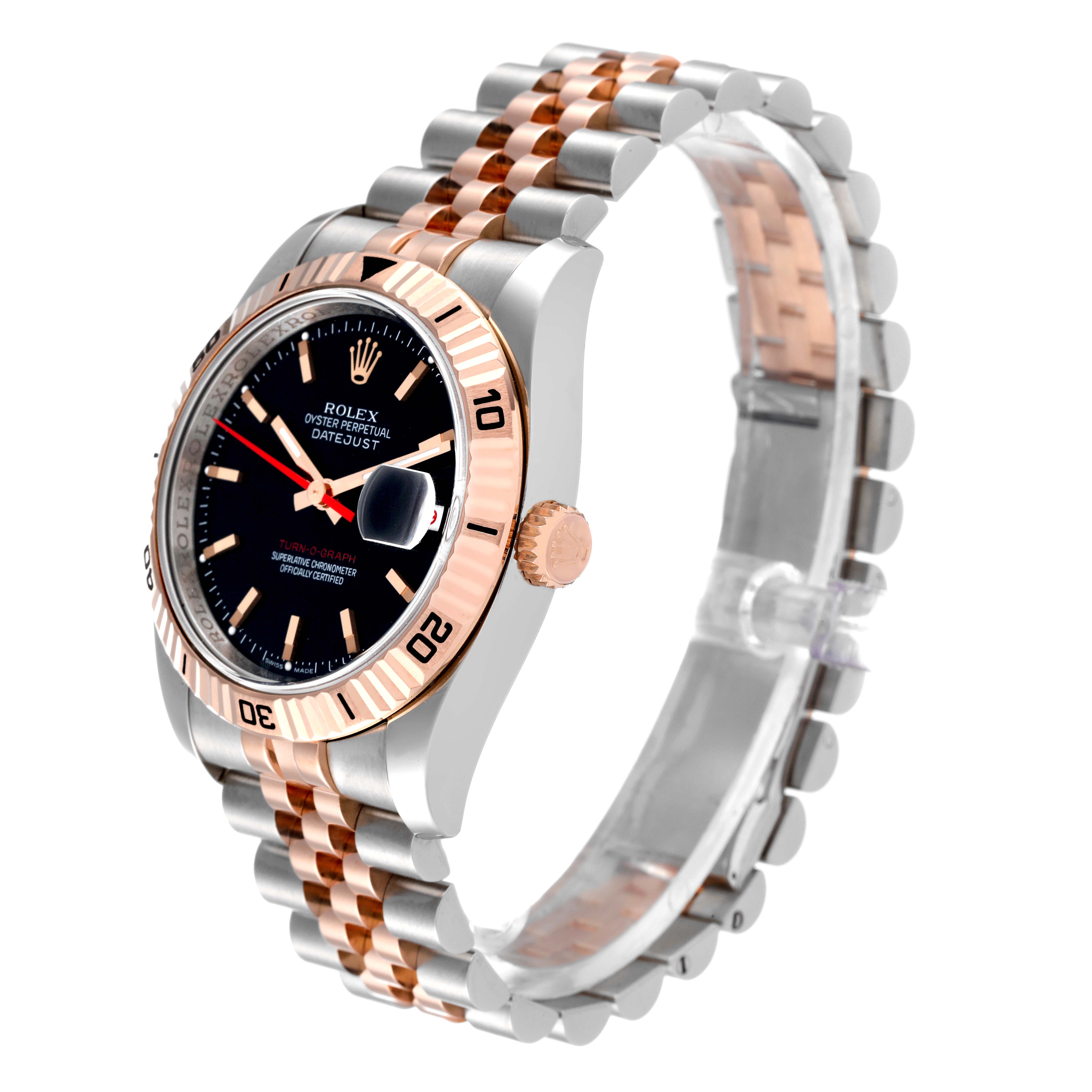 The image shows a side-angle view of the Rolex Turn-o-Graph 116261 Men's Steel and Gold (two tone) Black Dial 116261 Men's Steel and Gold (two tone) Black Dial watch, highlighting its face, bezel, and two-tone bracelet.
