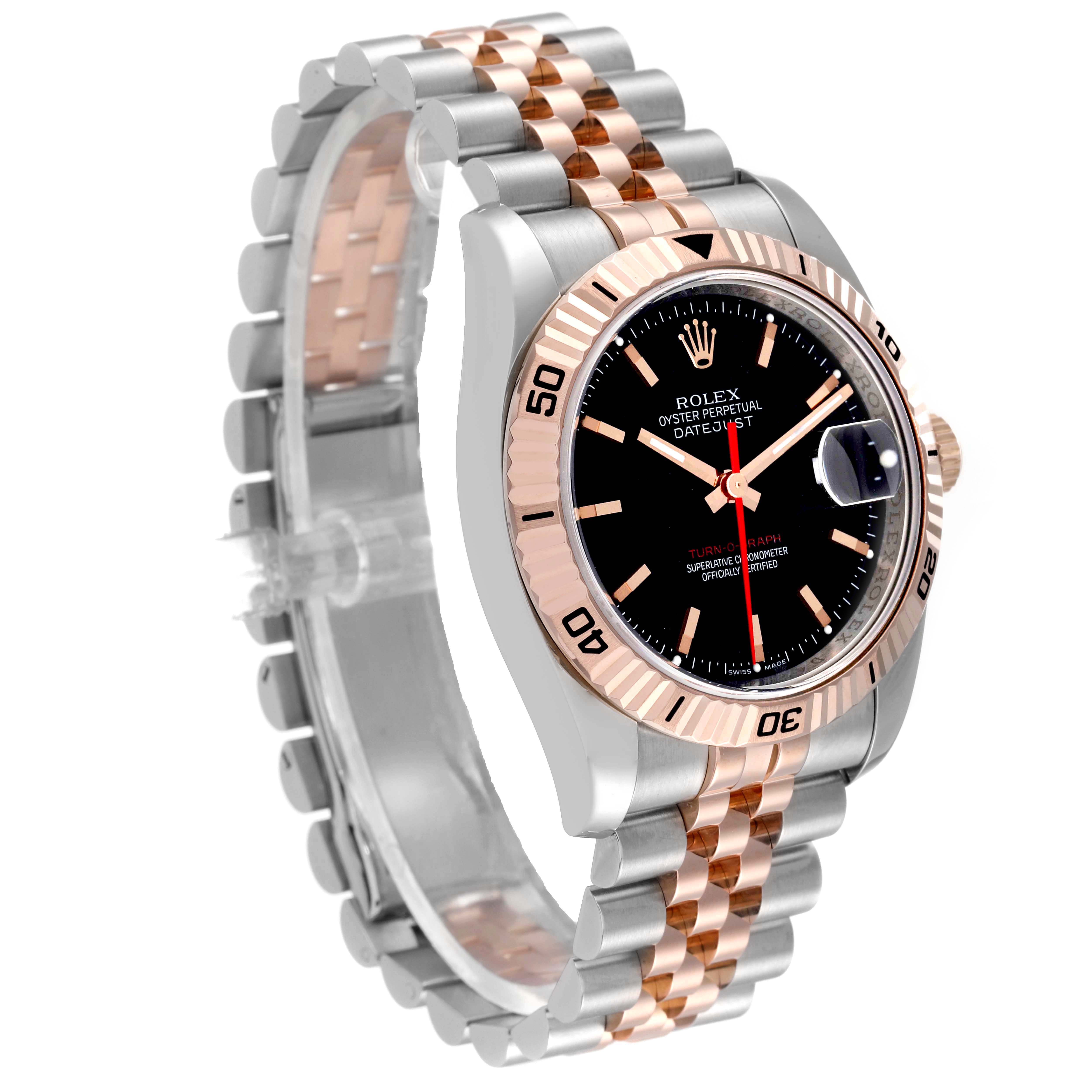 This image shows a Rolex Turn-o-Graph 116261 Men's Steel and Gold (two tone) Black Dial 116261 Men's Steel and Gold (two tone) Black Dial watch from an angled side view, highlighting its two-tone bracelet and bezel.