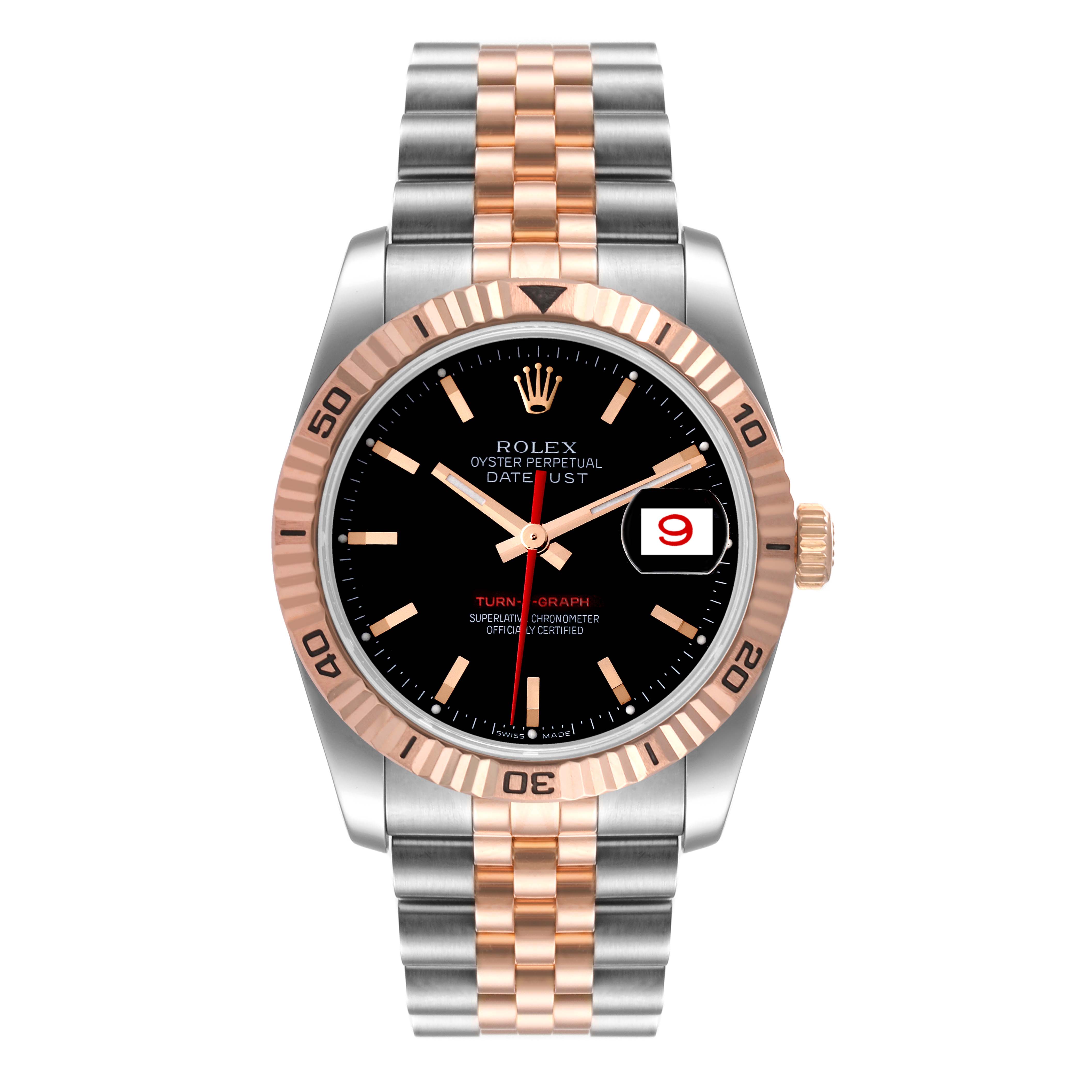 This image shows a front view of the Rolex Turn-o-Graph 116261 Men's Steel and Gold (two tone) Black Dial 116261 Men's Steel and Gold (two tone) Black Dial watch, highlighting the face, bezel, and bracelet.