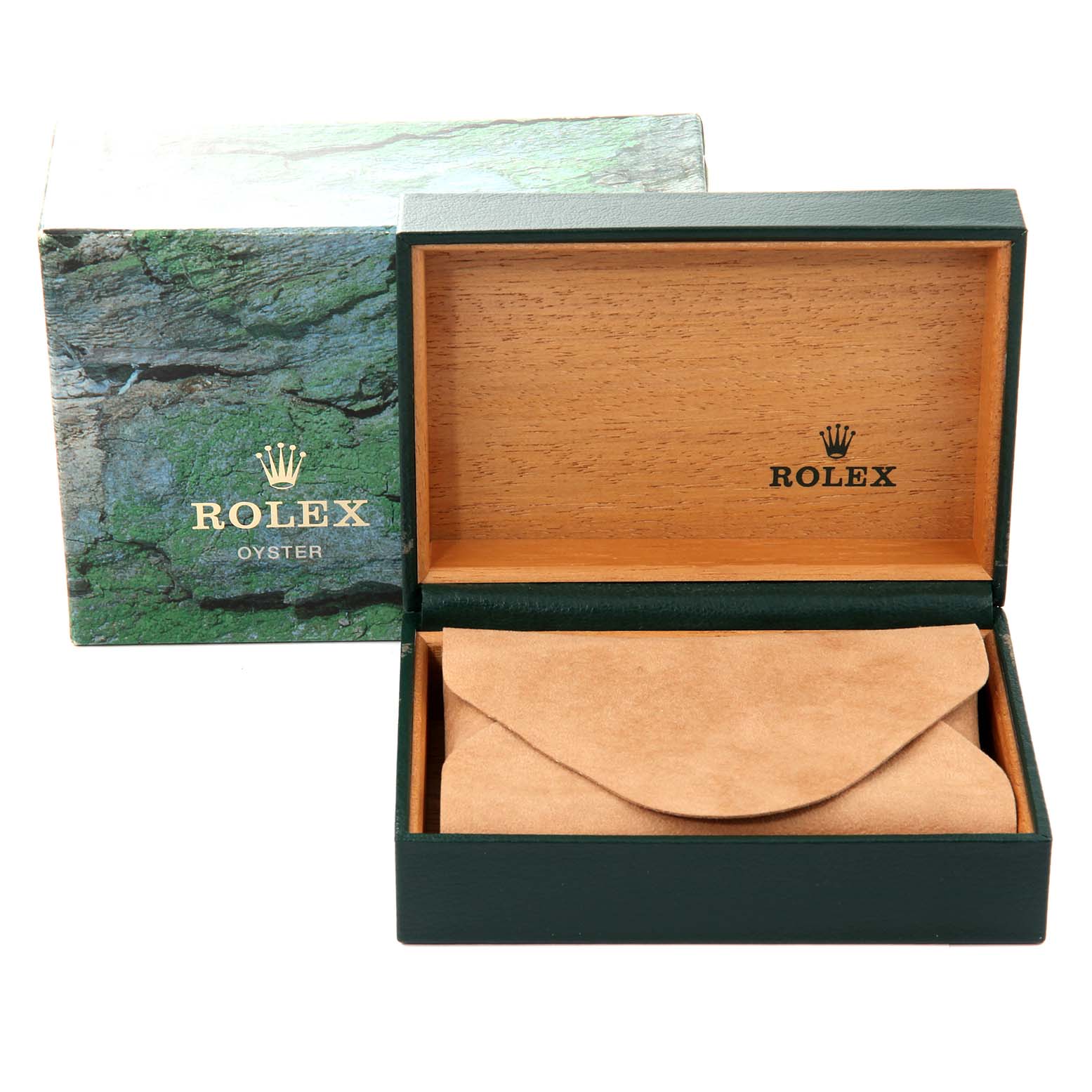 The image shows an open Rolex Turn-o-Graph 16264 Men's Stainless Steel Black Dial 16264 Men's Stainless Steel Black Dial watch box with a leather pouch inside and the outer box in the background.