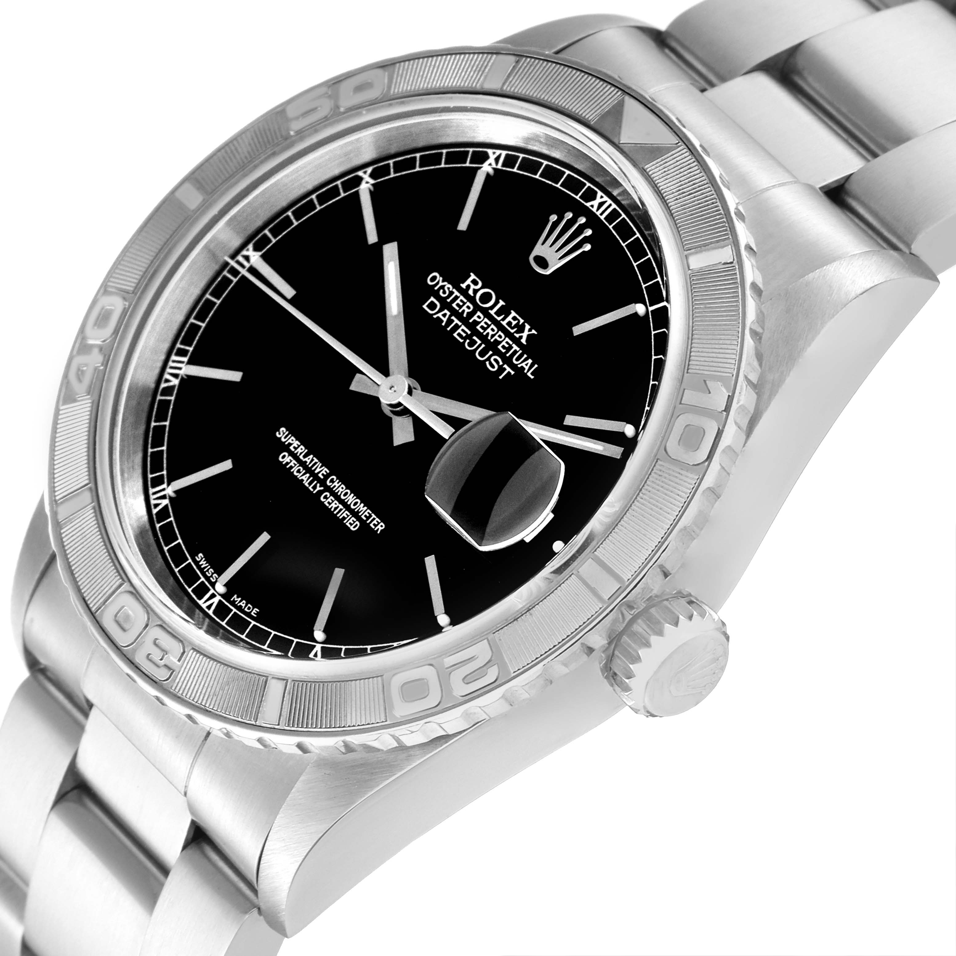 The Rolex Turn-o-Graph 16264 Men's Stainless Steel Black Dial 16264 Men's Stainless Steel Black Dial watch is shown at a slightly tilted angle, highlighting the bezel, dial, bracelet, and crown.