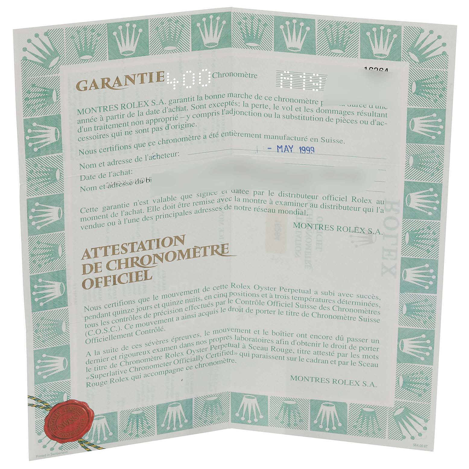 The image shows the warranty and official chronometer certificate for the Rolex Turn-o-Graph 16264 Men's Stainless Steel Black Dial 16264 Men's Stainless Steel Black Dial watch.