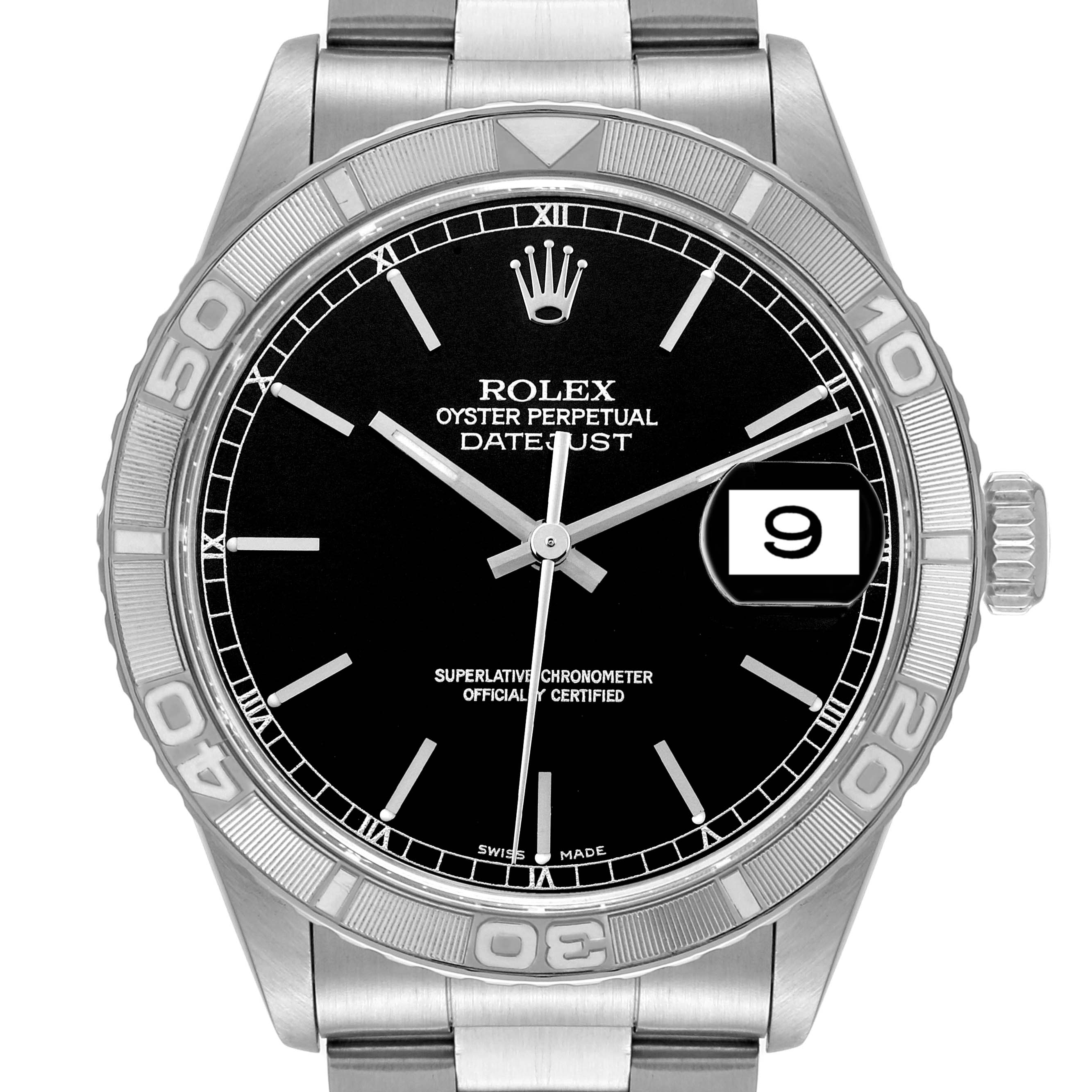 This image shows a front view of a Rolex Turn-o-Graph 16264 Men's Stainless Steel Black Dial 16264 Men's Stainless Steel Black Dial Datejust watch, highlighting its bezel, dial, hands, and date window.