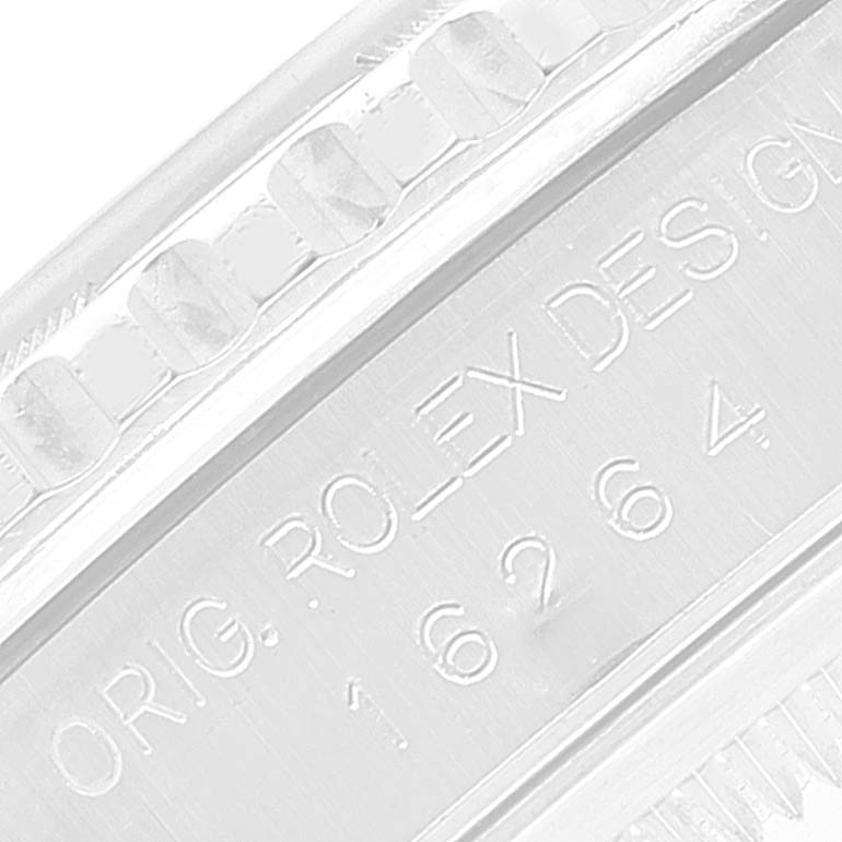 This is a close-up view of the engraved model details on the case of a Rolex Turn-o-Graph 16264 Men's Stainless Steel Black Dial 16264 Men's Stainless Steel Black Dial watch.