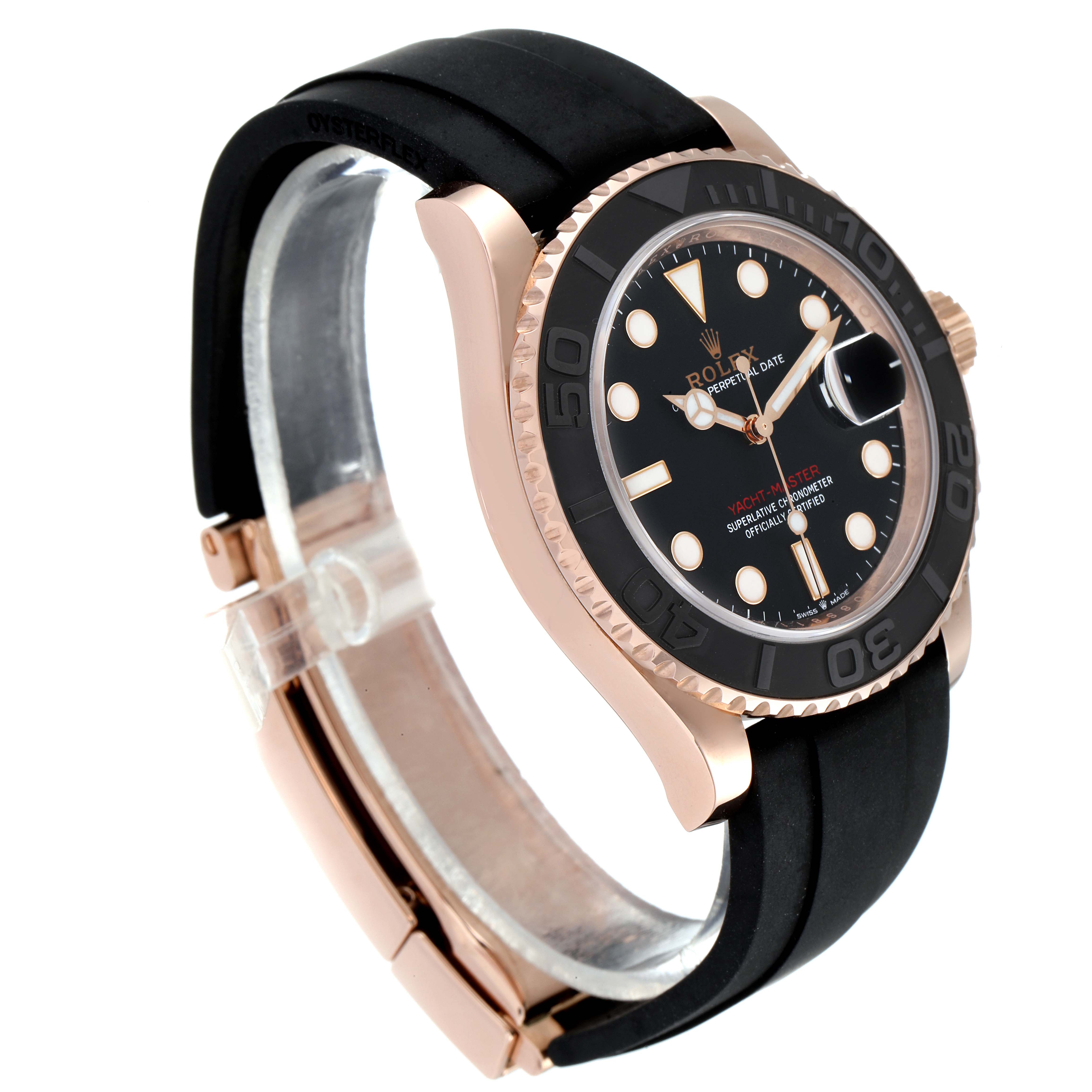 The Rolex Yacht-Master 126655 Men's Rose Gold Black Dial 126655 Men's Rose Gold Black Dial watch is shown from an angled side view, displaying the dial, bezel, and strap.