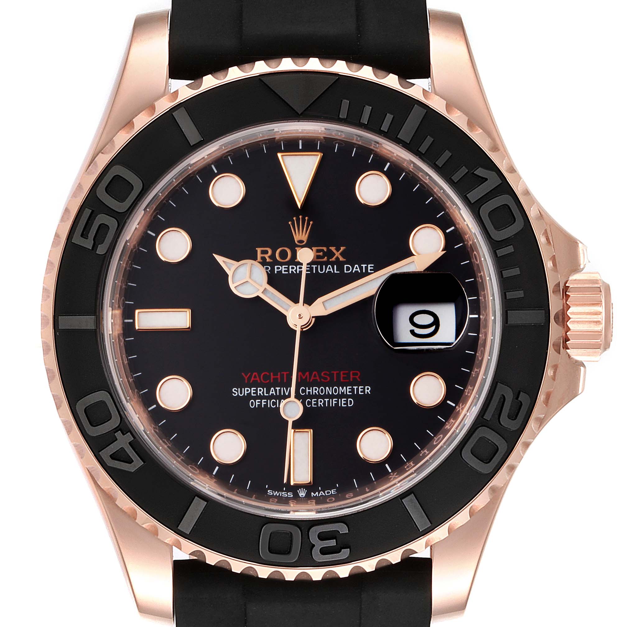 This Rolex Yacht-Master 126655 Men's Rose Gold Black Dial 126655 Men's Rose Gold Black Dial watch is shown from the front, displaying the dial, bezel, and crown.