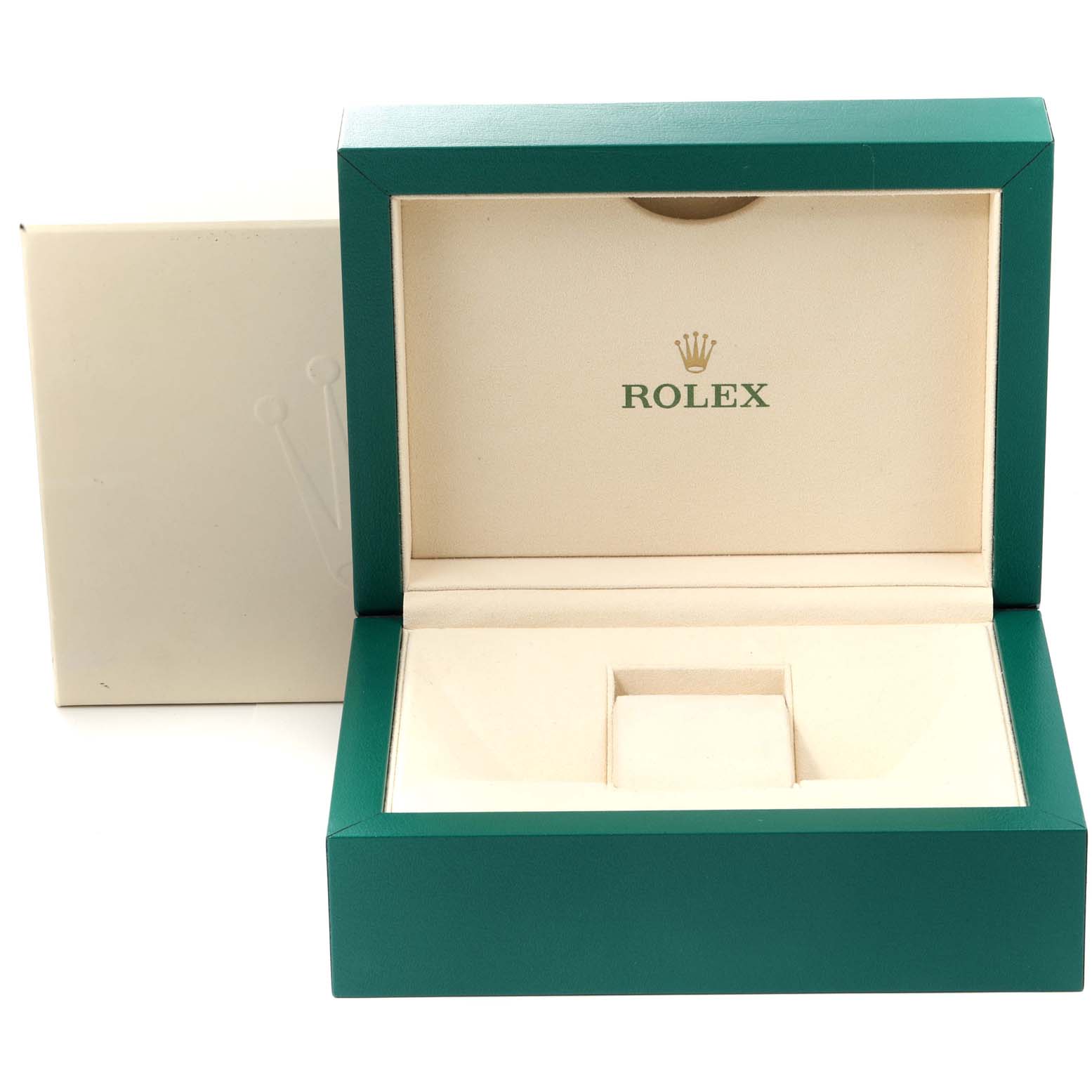 The image shows an open Rolex box for the Yacht-Master model, displaying the interior watch holder with the Rolex logo.