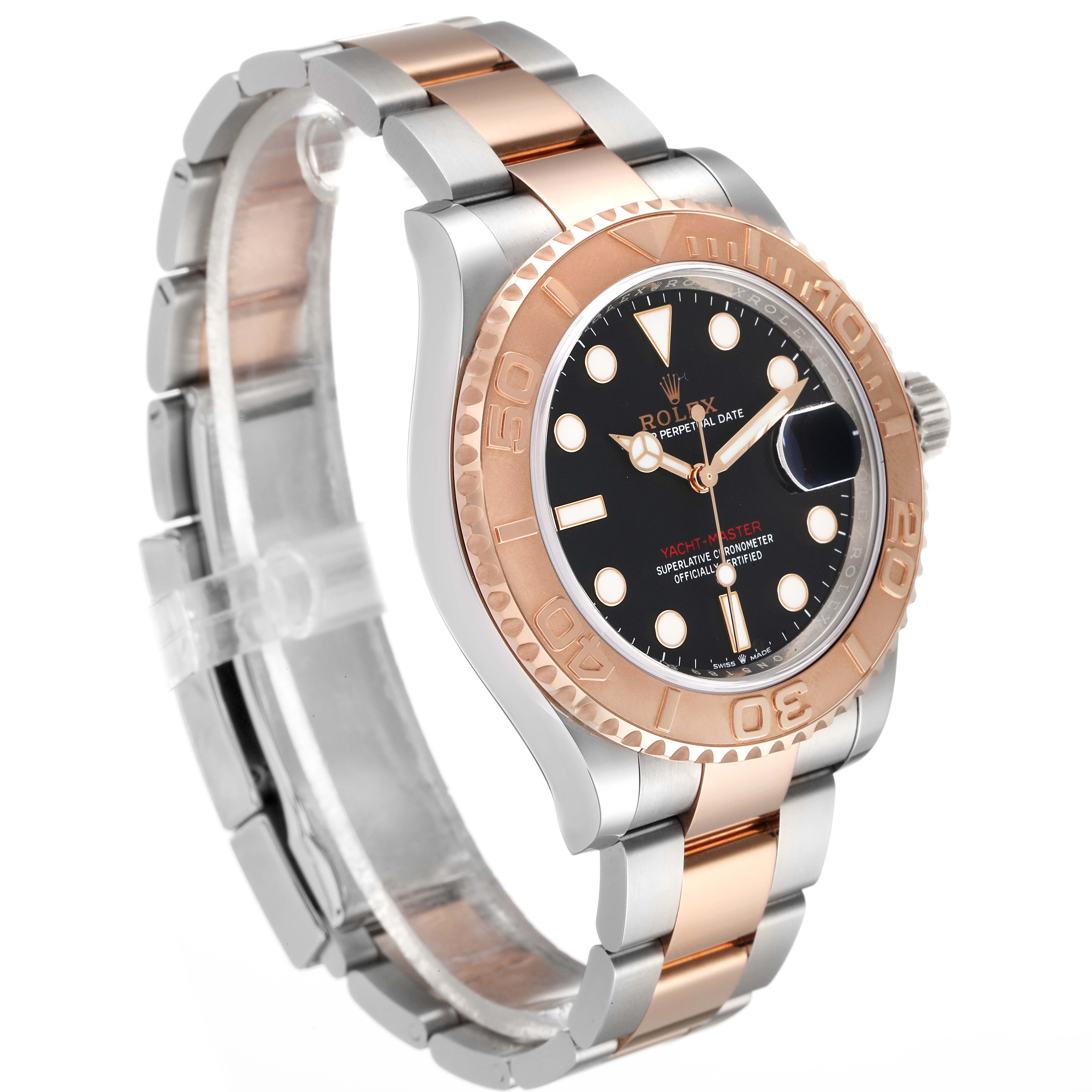 The image shows a Rolex Yacht-Master 126621 Men's Steel and Gold (two tone) Black Dial 126621 Men's Steel and Gold (two tone) Black Dial watch angled to display the bezel, dial, and bracelet.