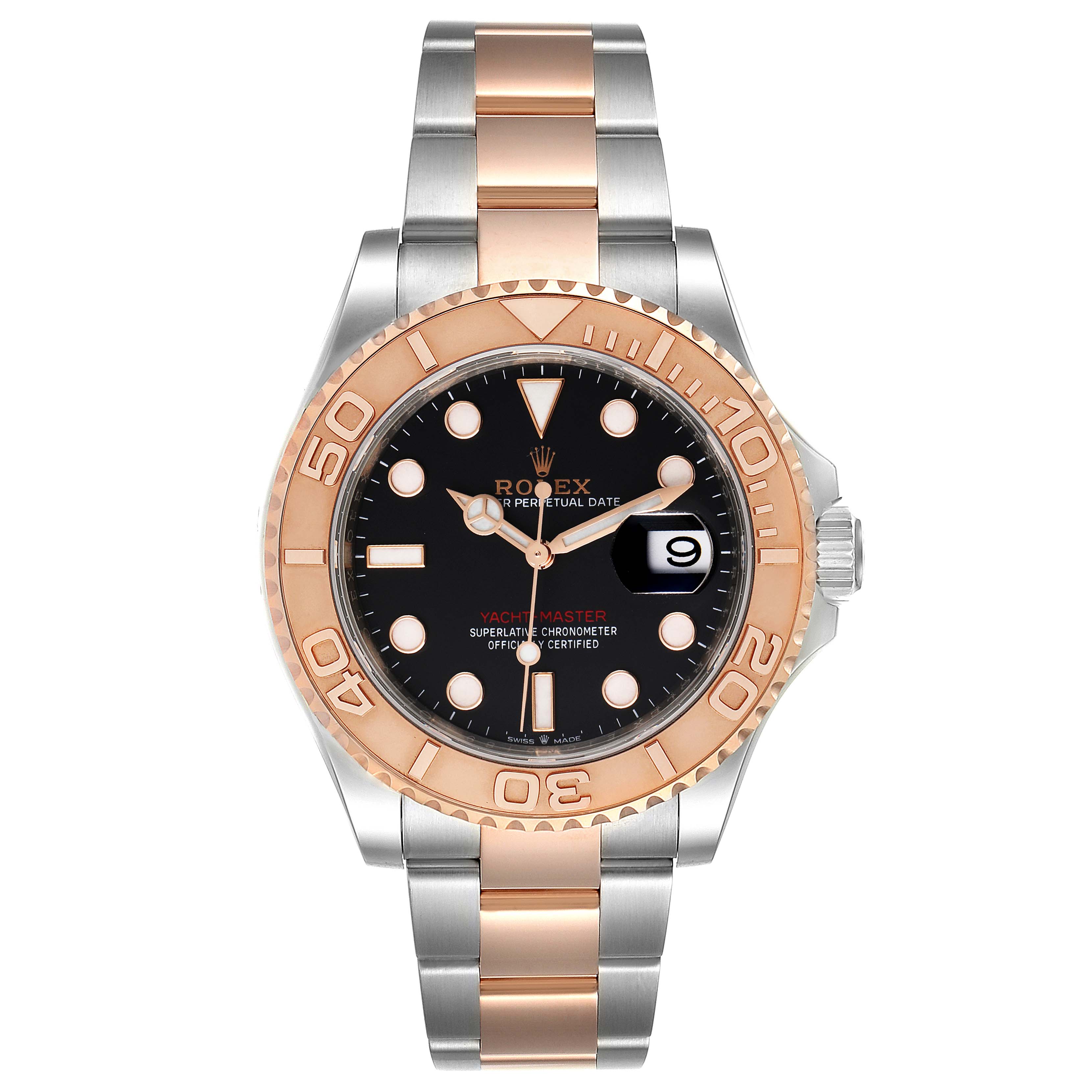 The image shows a front view of a Rolex Yacht-Master 126621 Men's Steel and Gold (two tone) Black Dial 126621 Men's Steel and Gold (two tone) Black Dial watch, highlighting its dial, bezel, and bracelet.