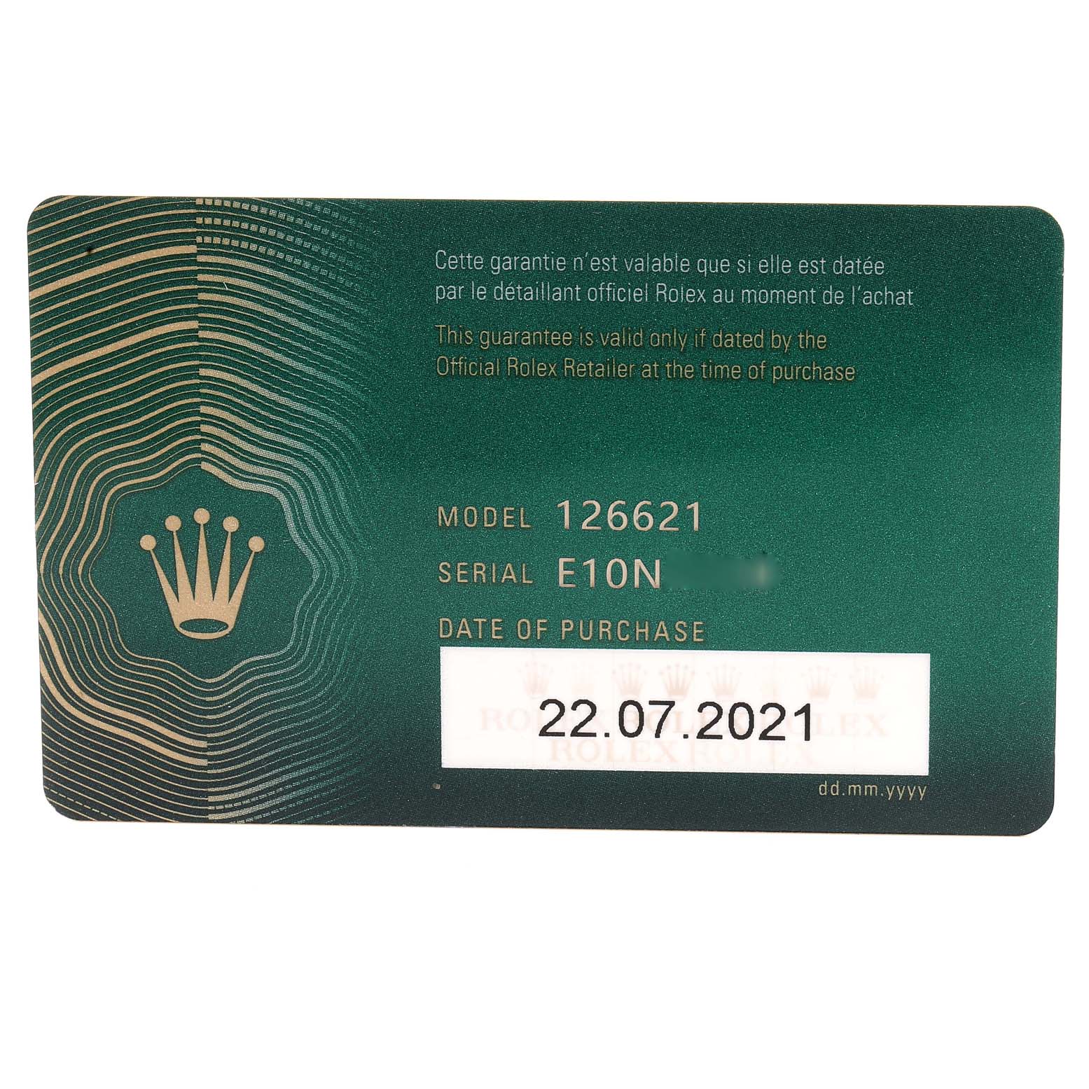 The image shows the warranty card for a Rolex Yacht-Master 126621 Men's Steel and Gold (two tone) Black Dial 126621 Men's Steel and Gold (two tone) Black Dial, model number 126621.