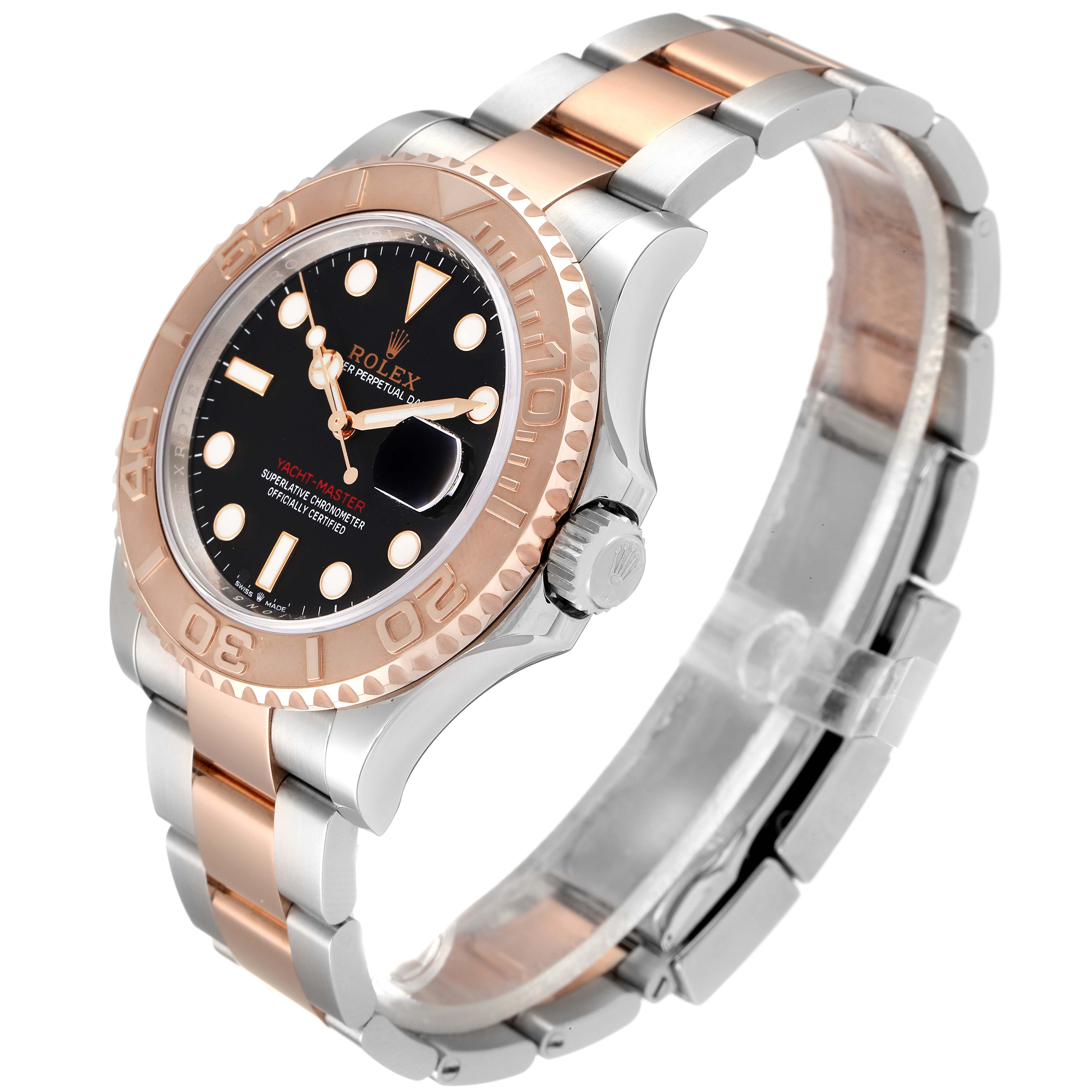 The Rolex Yacht-Master 126621 Men's Steel and Gold (two tone) Black Dial 126621 Men's Steel and Gold (two tone) Black Dial watch is shown at a three-quarter angle, displaying the face, bezel, crown, and part of the bracelet.