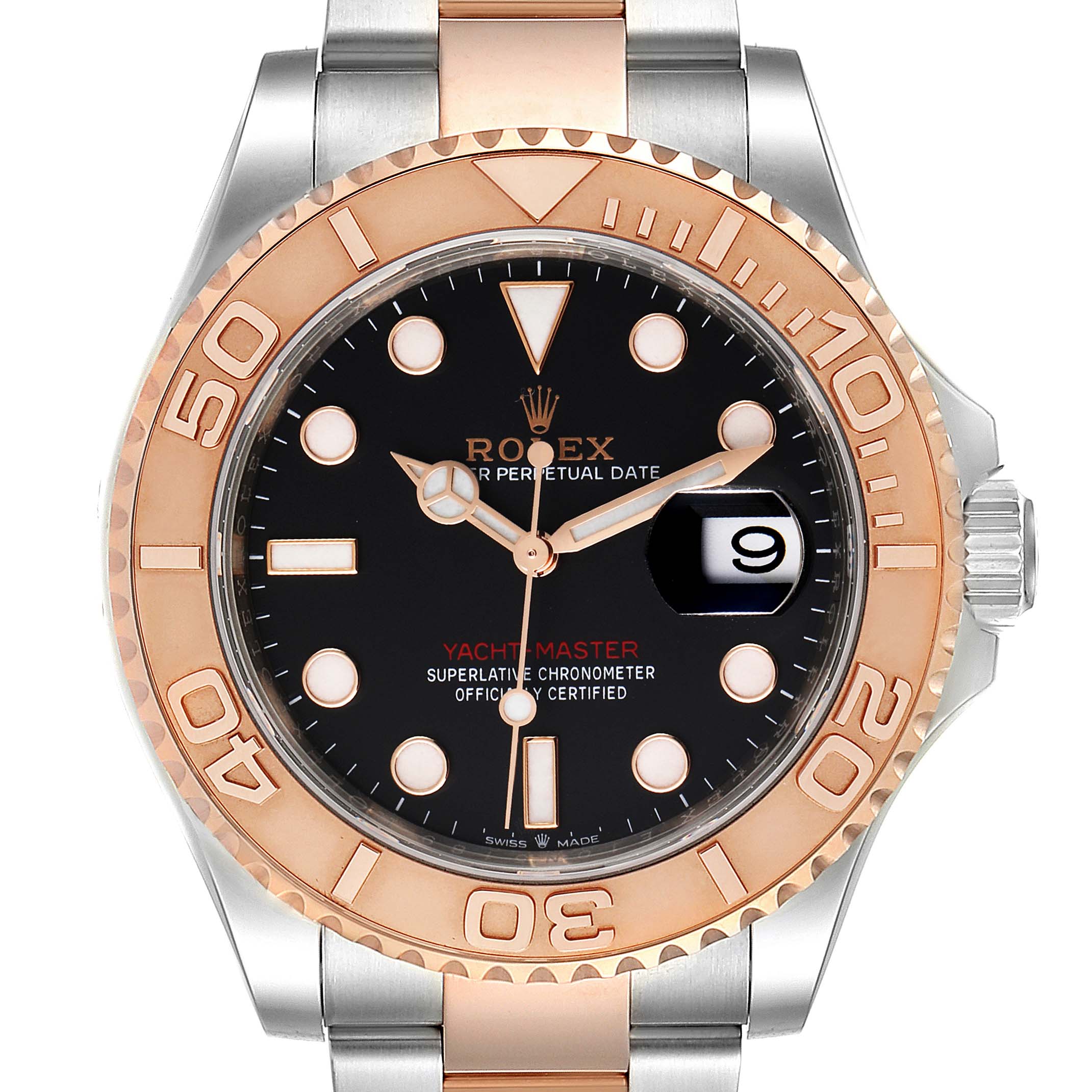 The Rolex Yacht-Master 126621 Men's Steel and Gold (two tone) Black Dial 126621 Men's Steel and Gold (two tone) Black Dial watch is shown from the front, displaying the face, bezel, and part of the bracelet.