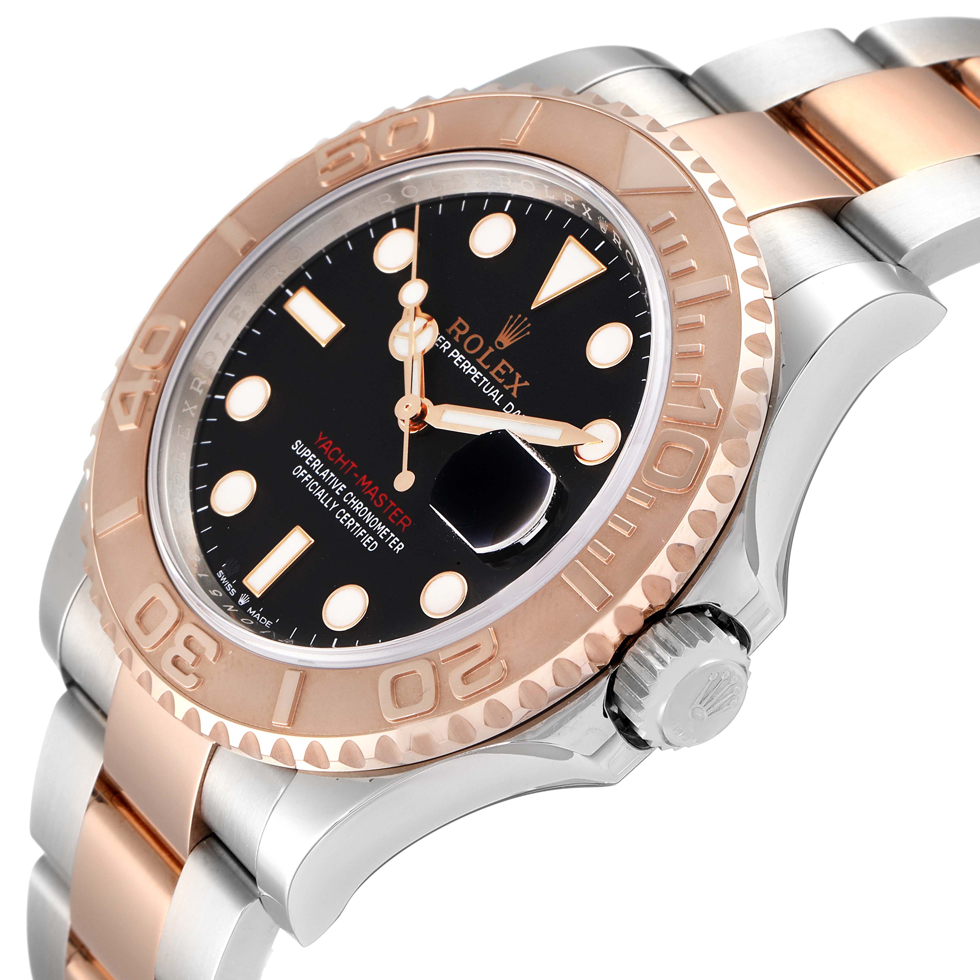 The image shows a Rolex Yacht-Master 126621 Men's Steel and Gold (two tone) Black Dial 126621 Men's Steel and Gold (two tone) Black Dial watch at an angle highlighting its face, rose gold bezel, and part of its two-tone bracelet.