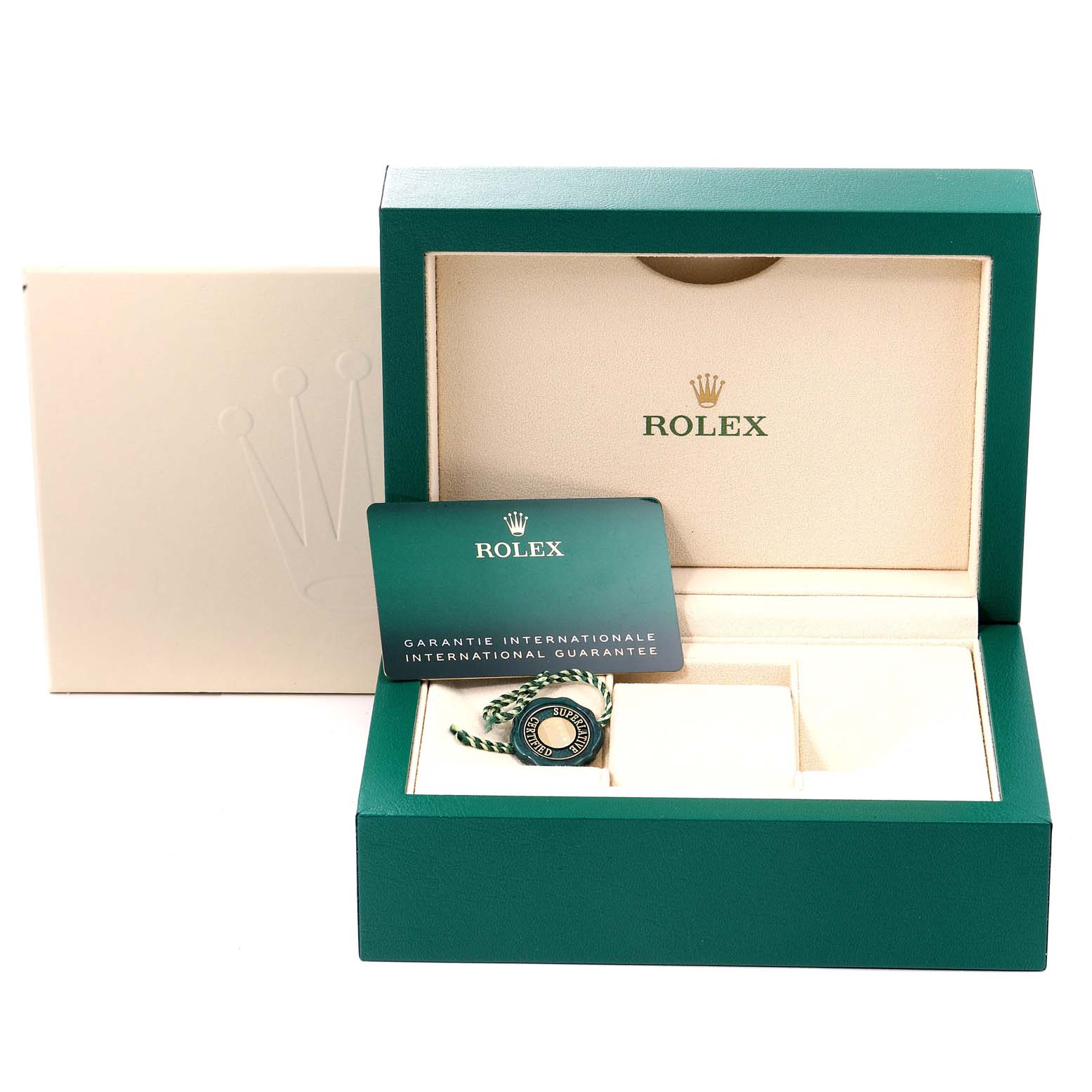 The image shows the open packaging, warranty card, and tag for the Rolex Yacht-Master 126621 Men's Steel and Gold (two tone) Black Dial 126621 Men's Steel and Gold (two tone) Black Dial watch.
