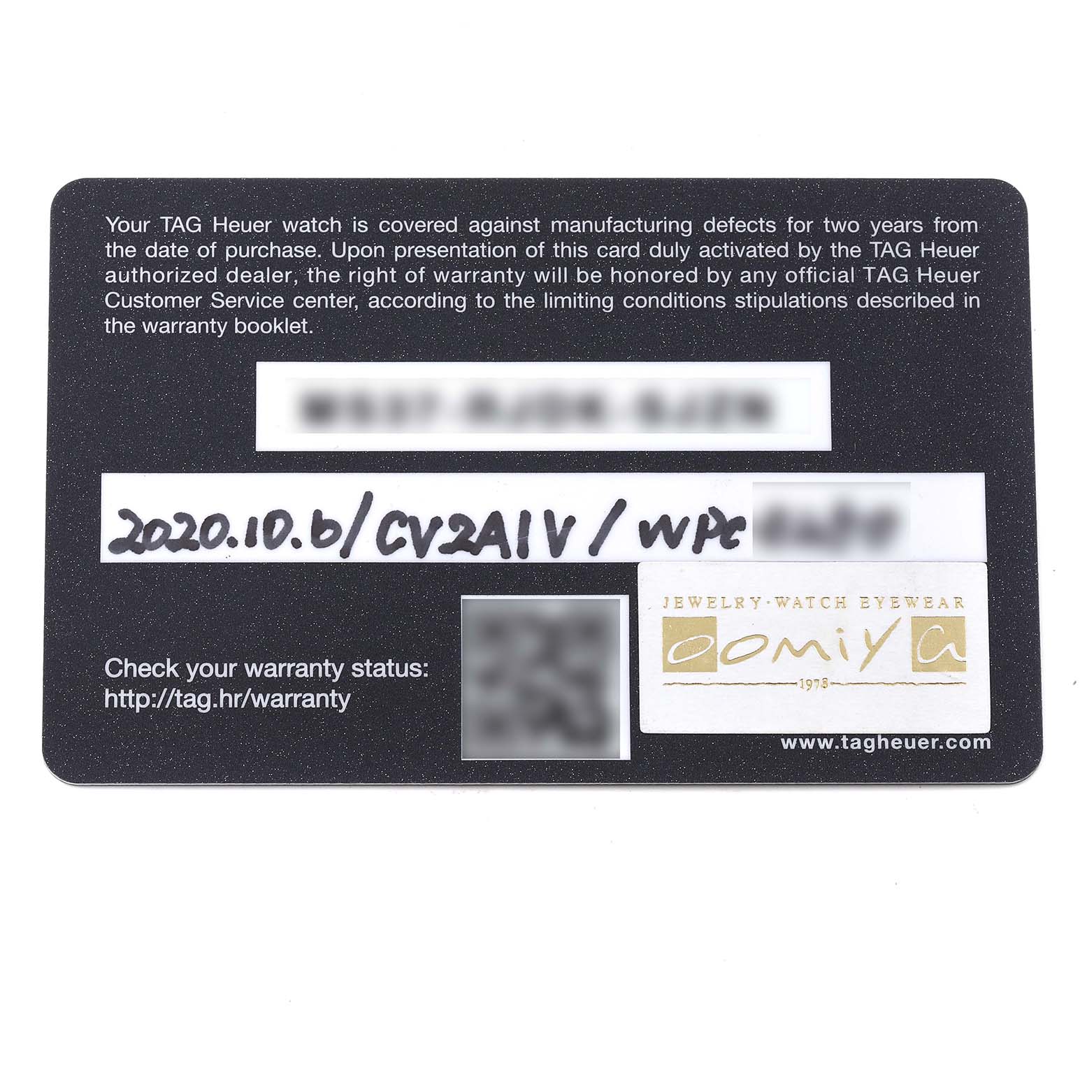 The image shows a warranty card for the Tag Heuer Carrera CV2A1V.BA0738 Men's Stainless Steel Blue Dial CV2A1V.BA0738 Men's Stainless Steel Blue Dial model watch, viewed from the front.