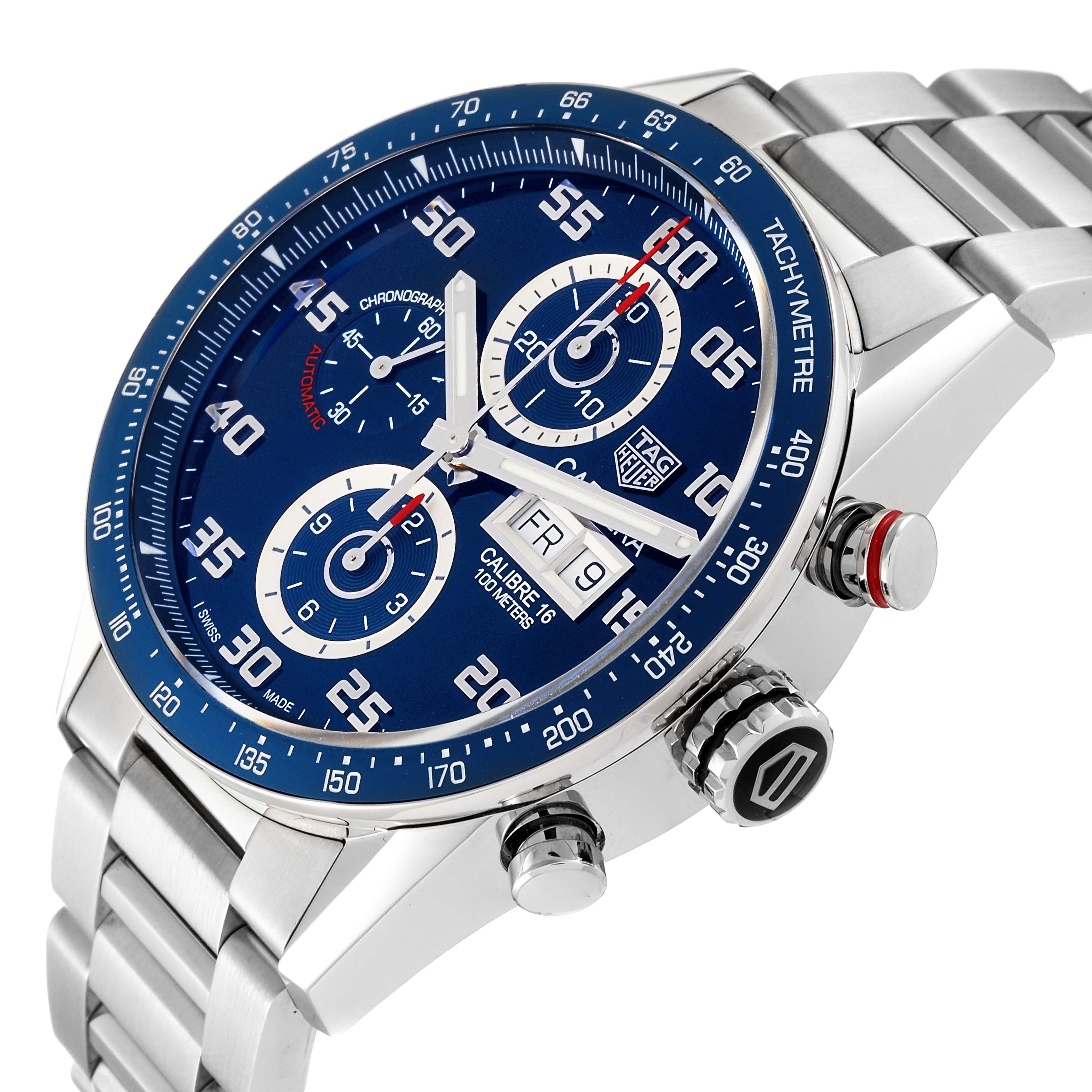 The image shows a side angle of the blue dial and steel bracelet for a Tag Heuer Carrera CV2A1V.BA0738 Men's Stainless Steel Blue Dial CV2A1V.BA0738 Men's Stainless Steel Blue Dial watch, highlighting its chronograph and tachymeter features.