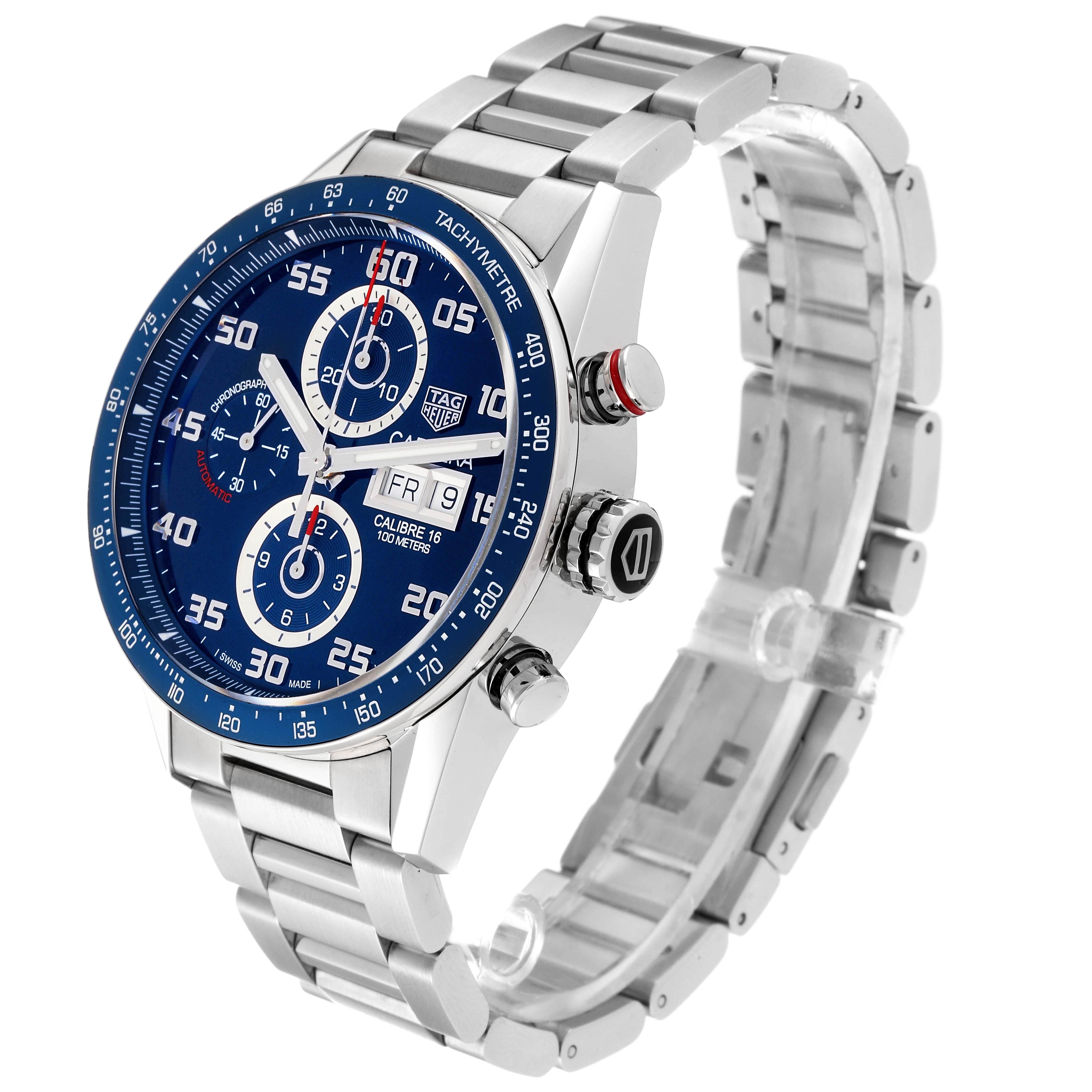 The image shows a Tag Heuer Carrera CV2A1V.BA0738 Men's Stainless Steel Blue Dial CV2A1V.BA0738 Men's Stainless Steel Blue Dial watch at a three-quarter view, displaying its blue dial, chronograph subdials, and stainless steel bracelet.