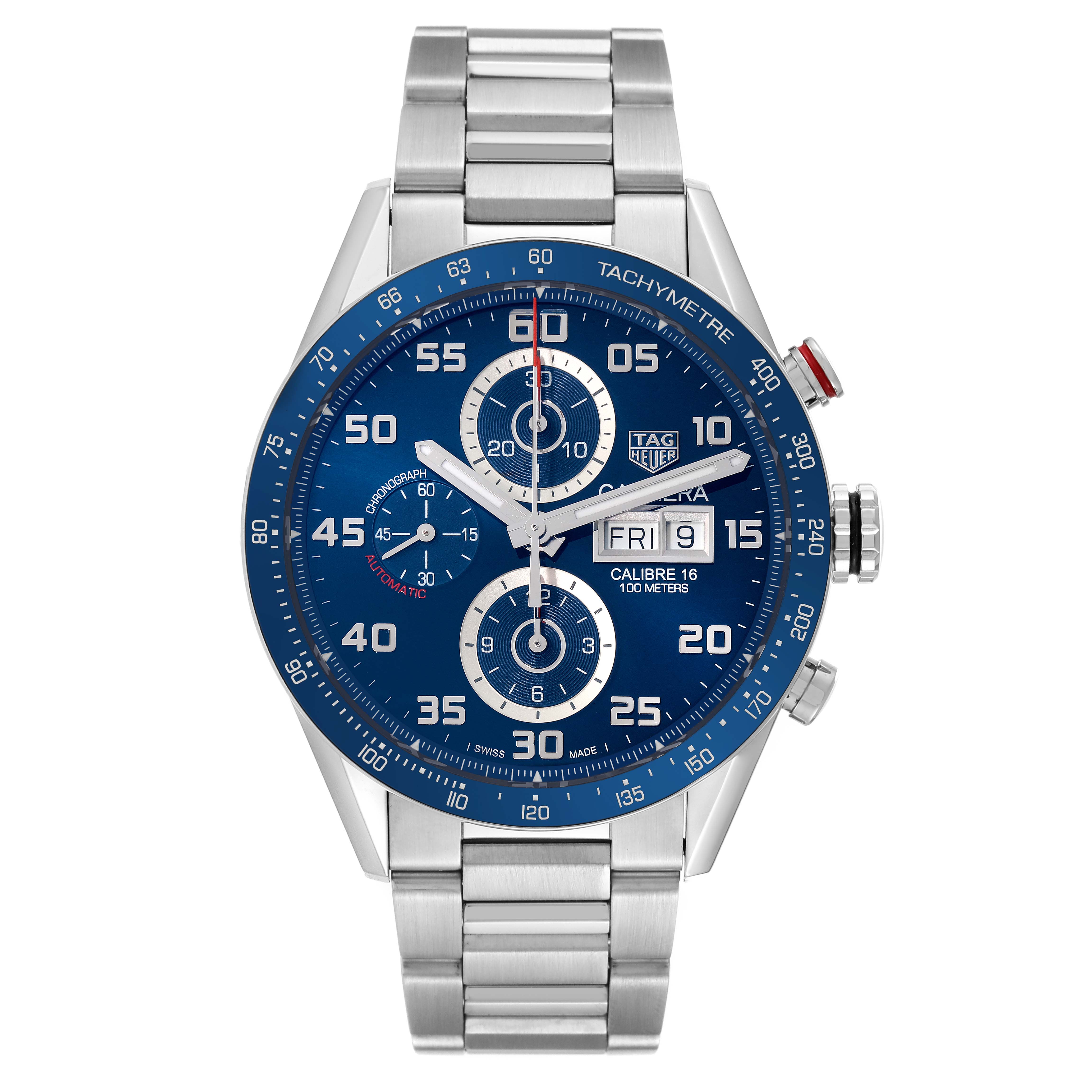 The image shows a frontal view of the Tag Heuer Carrera CV2A1V.BA0738 Men's Stainless Steel Blue Dial CV2A1V.BA0738 Men's Stainless Steel Blue Dial watch, featuring a blue dial and silver bracelet.