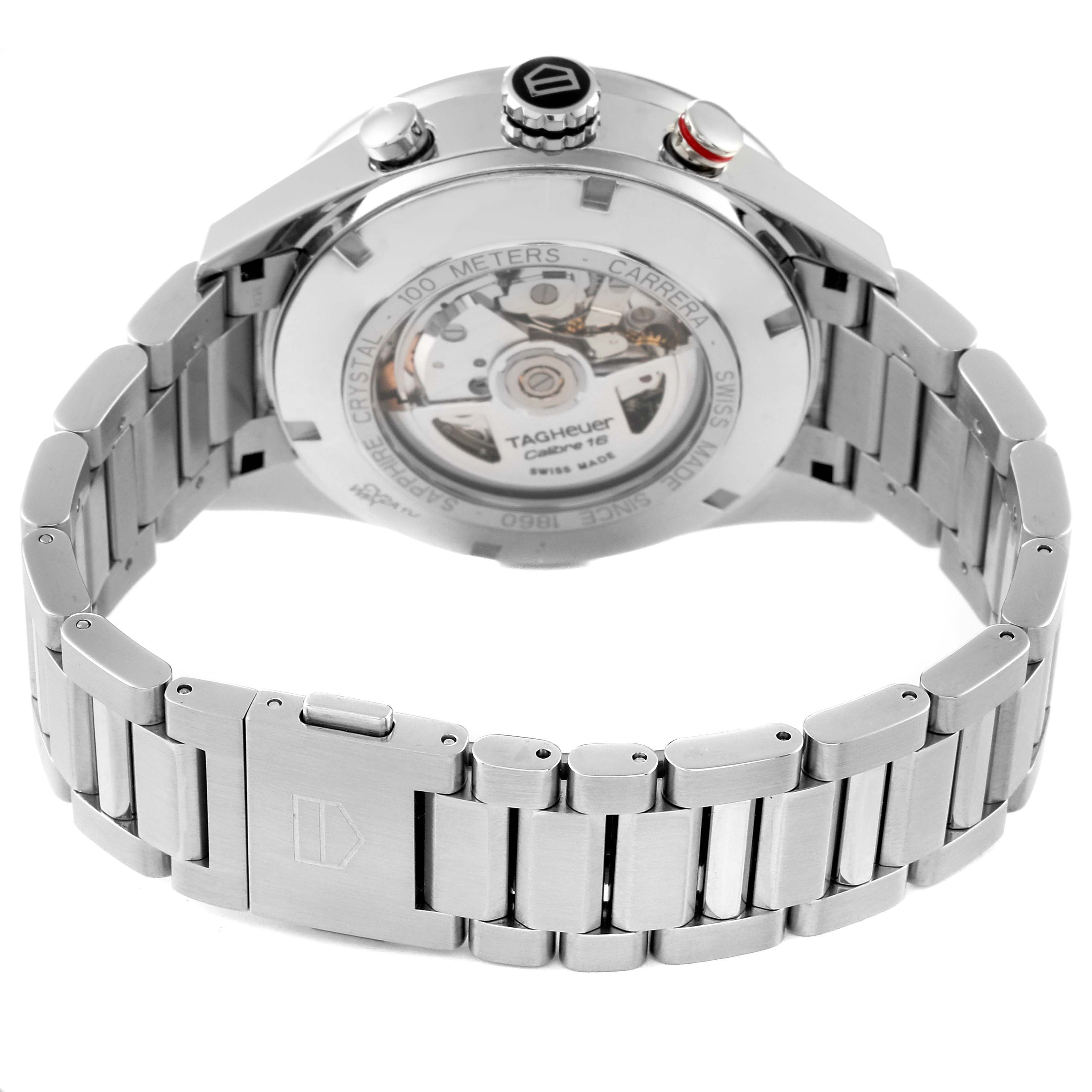 The image shows the back view of a Tag Heuer Carrera CV2A1V.BA0738 Men's Stainless Steel Blue Dial CV2A1V.BA0738 Men's Stainless Steel Blue Dial watch, highlighting its automatic movement and stainless steel bracelet.