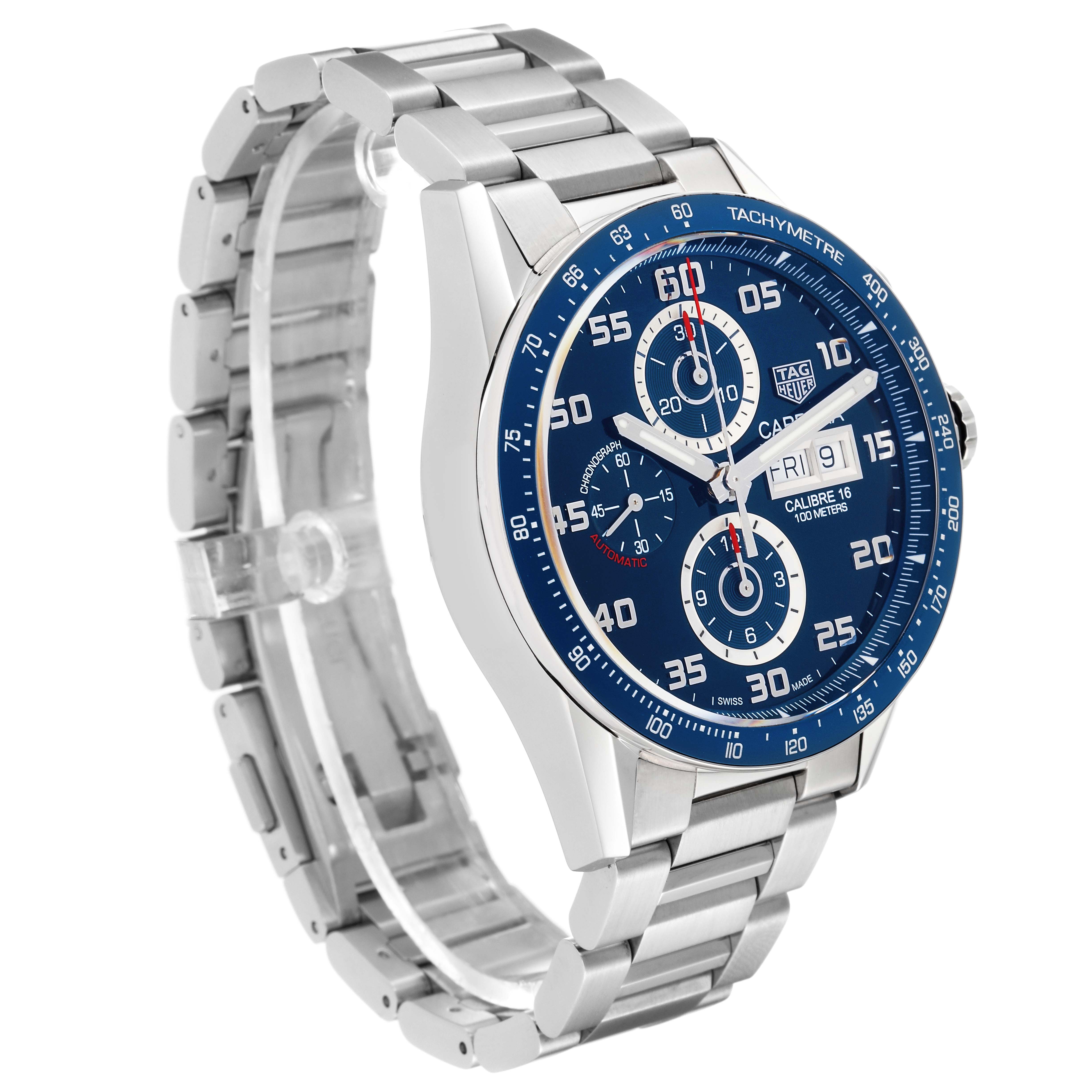 The Carrera model by Tag Heuer is shown at a three-quarter angle, highlighting its blue dial, tachymeter bezel, and metal bracelet.