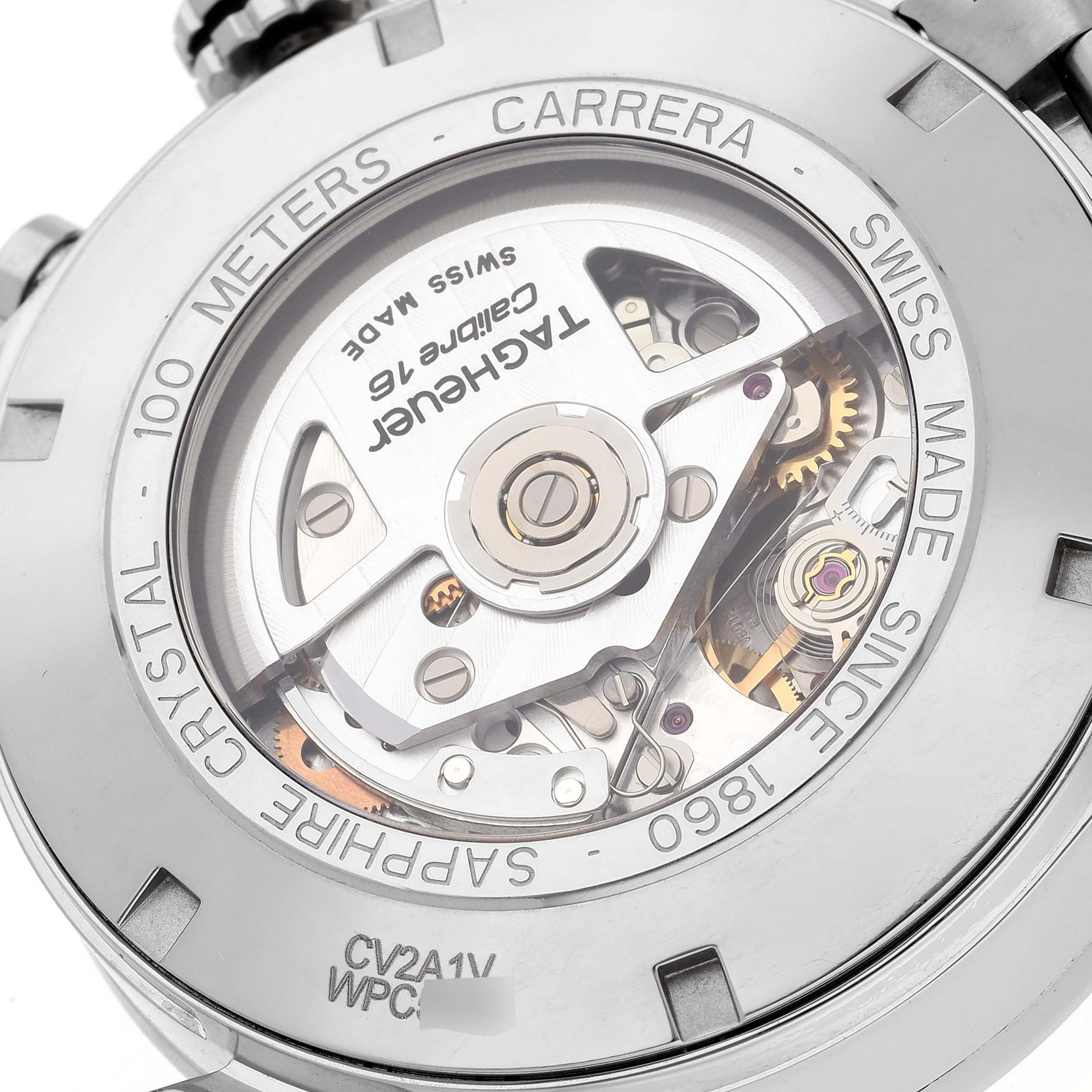 The image shows the back side of the Tag Heuer Carrera CV2A1V.BA0738 Men's Stainless Steel Blue Dial CV2A1V.BA0738 Men's Stainless Steel Blue Dial watch, featuring its internal mechanism and sapphire crystal caseback.