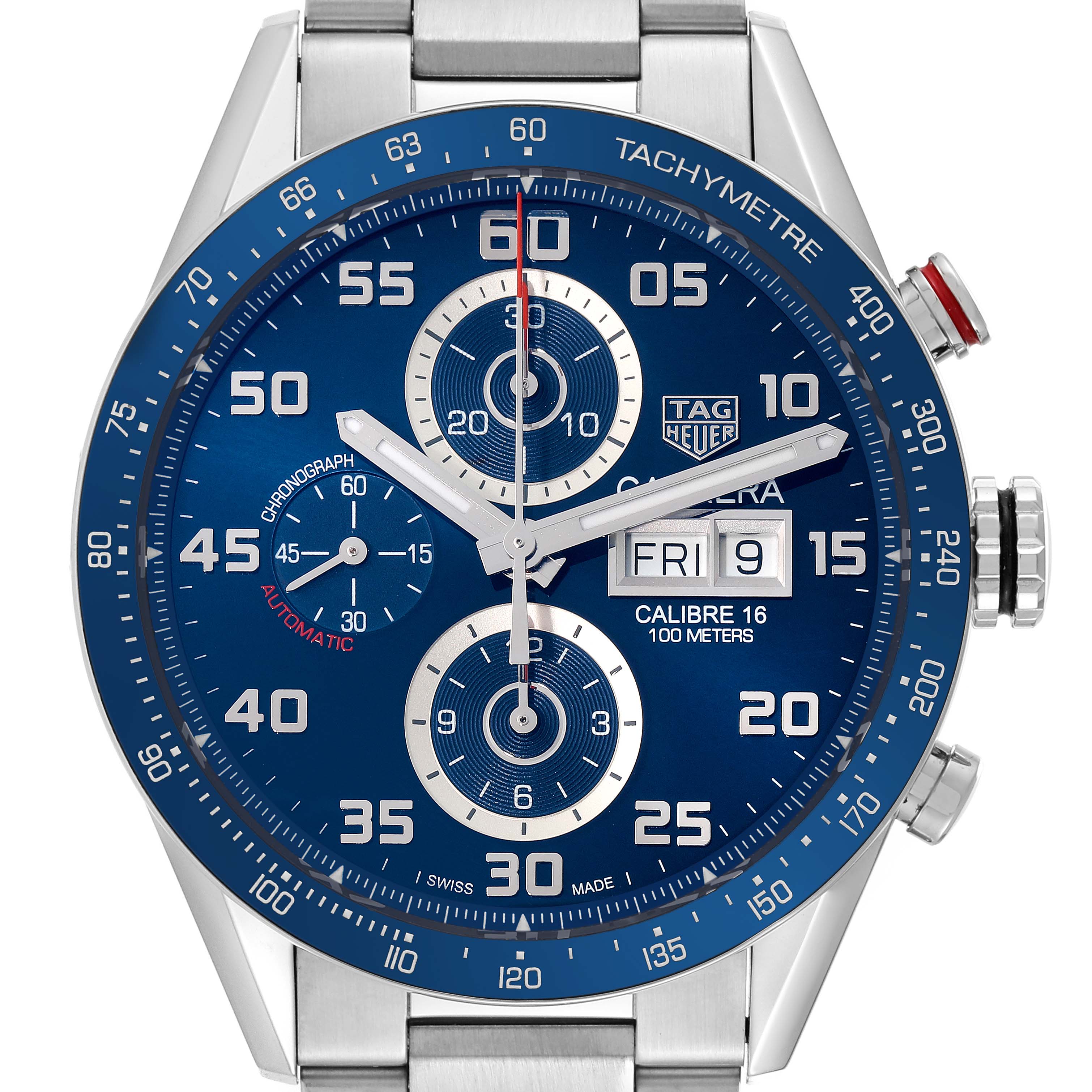 The image shows a front view of a Tag Heuer Carrera CV2A1V.BA0738 Men's Stainless Steel Blue Dial CV2A1V.BA0738 Men's Stainless Steel Blue Dial watch, highlighting the blue dial, chronograph subdials, and tachymeter bezel.