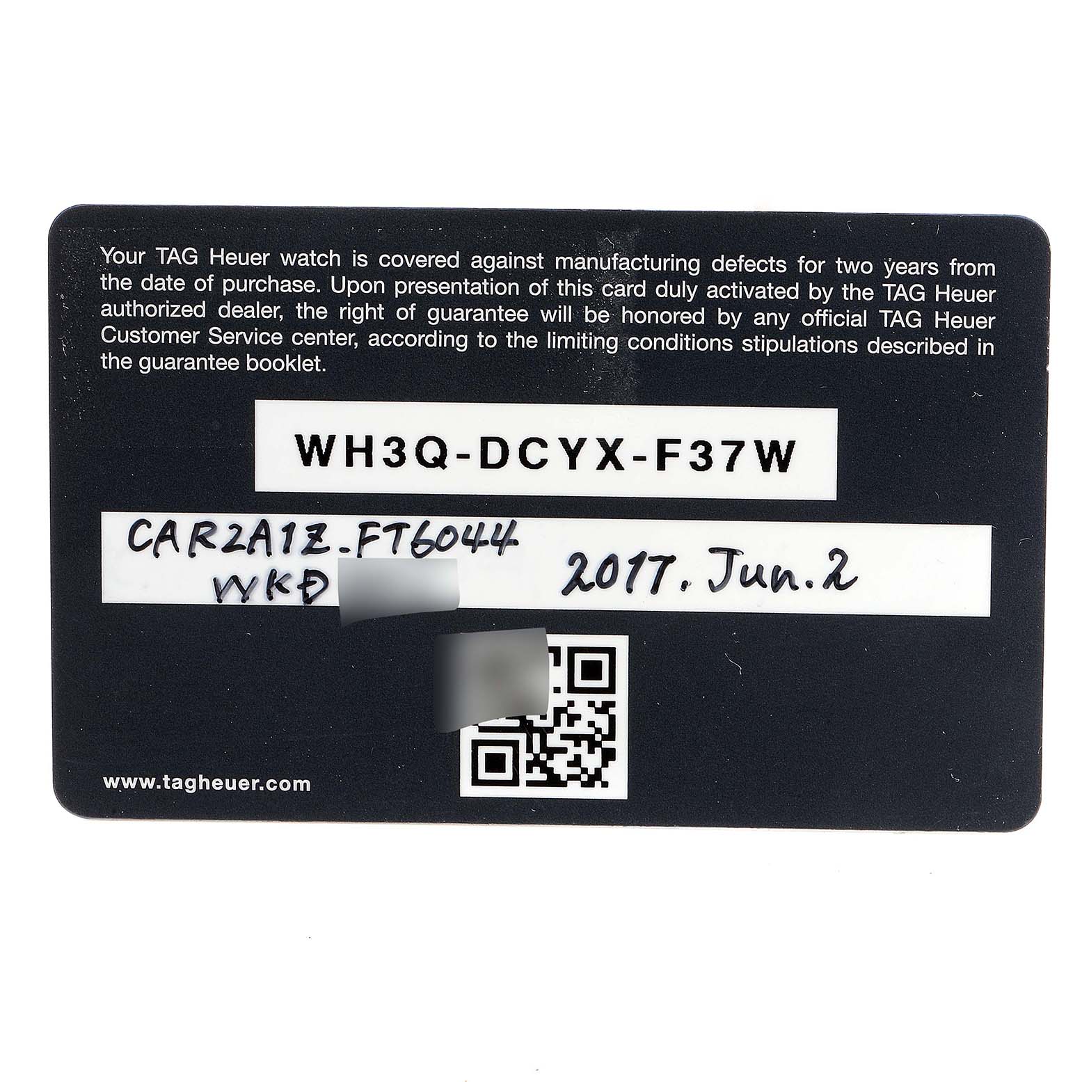 This image shows a warranty card for the Tag Heuer Carrera CAR2A1Z.FT6044 Men
s Stainless Steel Black Dial CAR2A1Z.FT6044 Men
s Stainless Steel Black Dial model watch, providing purchase and serial details.