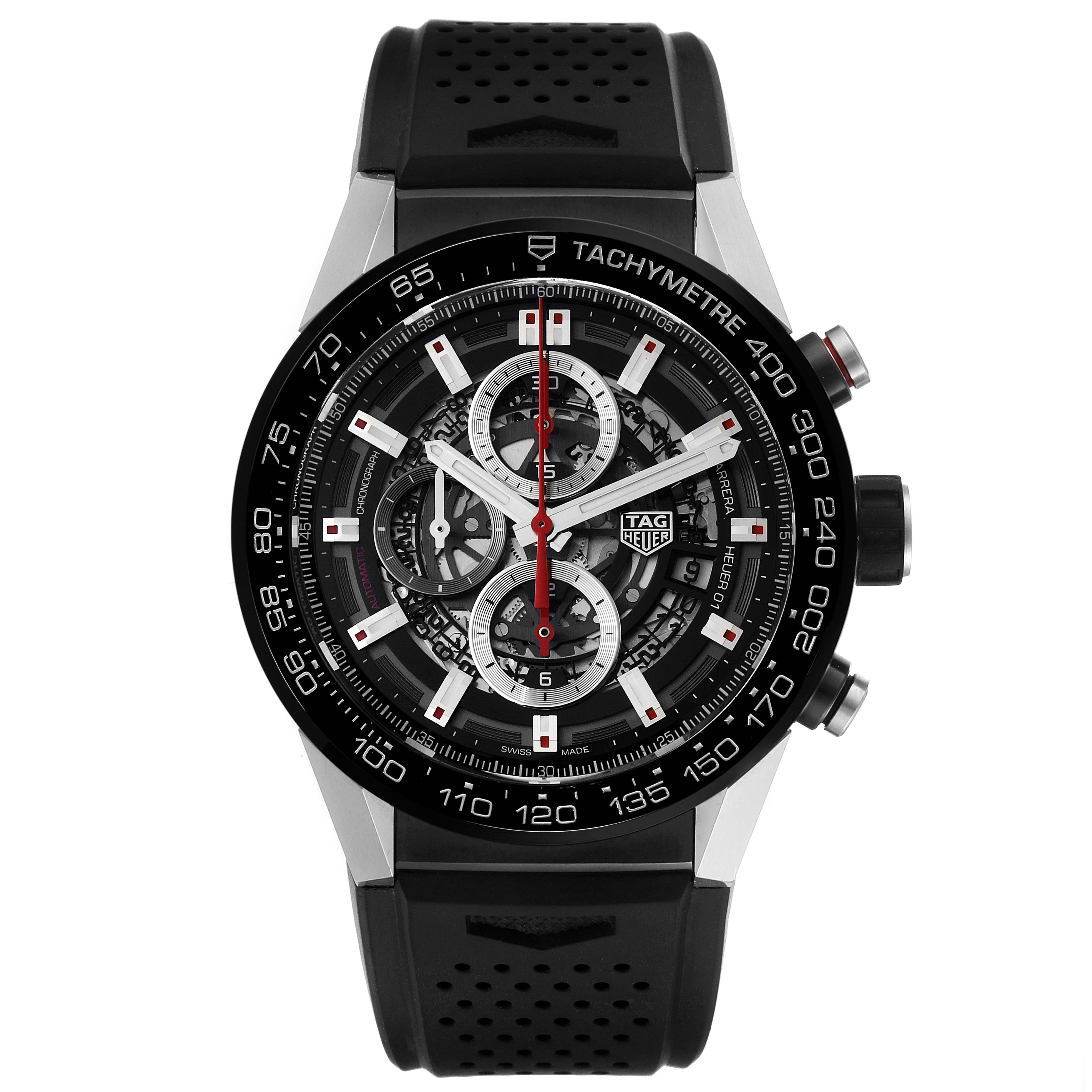 The image shows a front view of the Tag Heuer Carrera CAR2A1Z.FT6044 Men
s Stainless Steel Black Dial CAR2A1Z.FT6044 Men
s Stainless Steel Black Dial model watch, highlighting the face, dials, and tachymeter bezel.