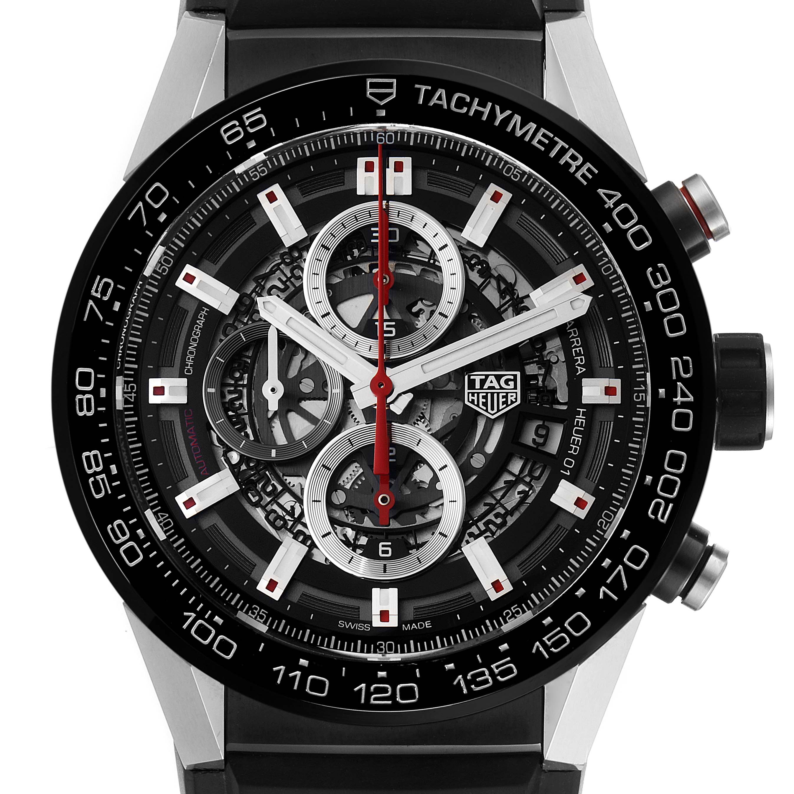 The image shows a frontal view of the Tag Heuer Carrera CAR2A1Z.FT6044 Men
s Stainless Steel Black Dial CAR2A1Z.FT6044 Men
s Stainless Steel Black Dial watch, highlighting its dial, chronograph subdials, and tachymeter bezel.